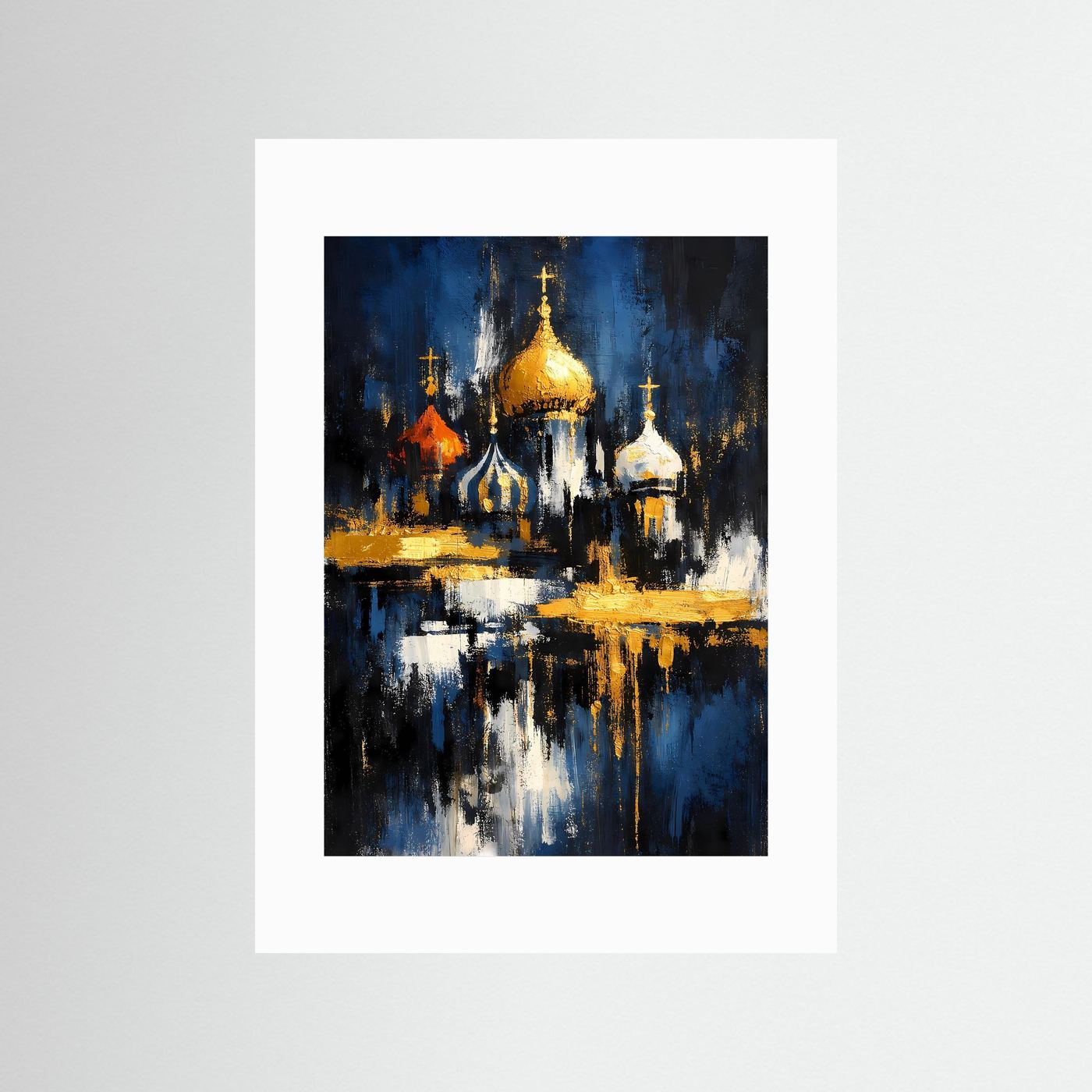 Architekturposter mit Kathedrale, goldenen Kuppeln und Spiegelung, weißes Passepartout
