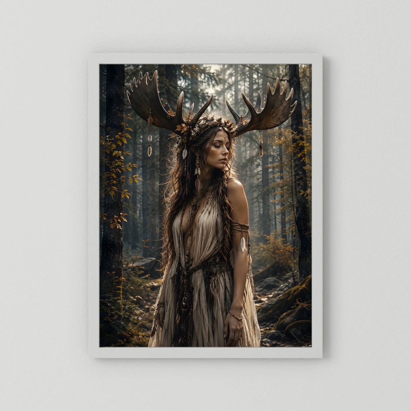 Fantasy-Poster mit Waldgöttin mit Geweih, weißer Rand