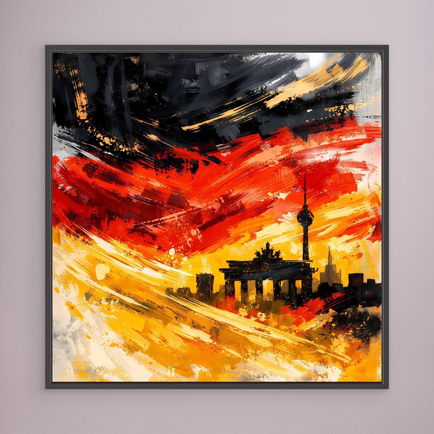 Gerahmtes Leinwandbild mit abstrakter Skyline: schwarze Pinselstriche oben, Rot-Gelb unten, Fernsehturm