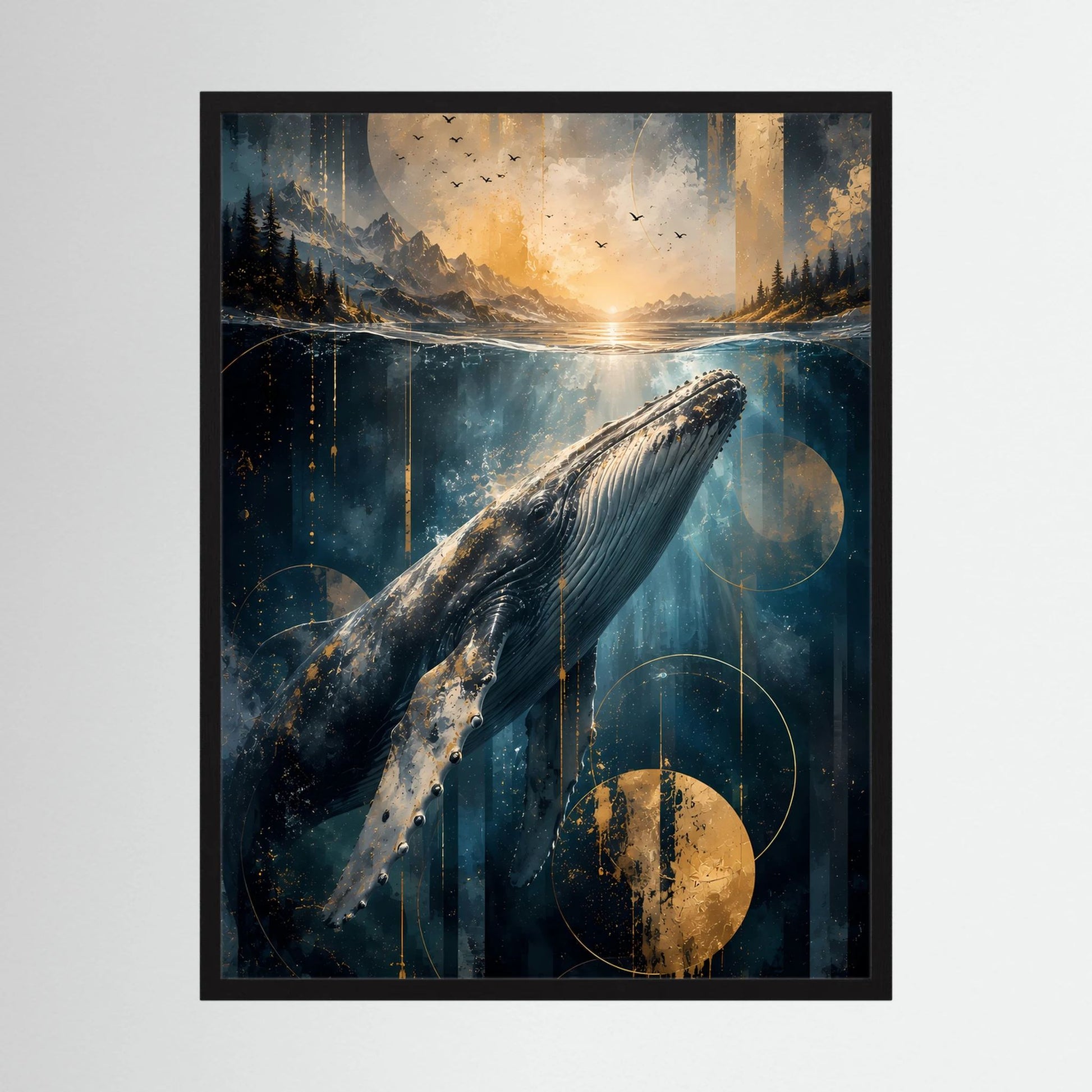 Poster im Hochformat mit Wal unter Wasser, Ozean in Blau und Gold, schwarzer Rahmen