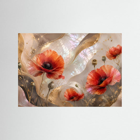 Blumenposter im Querformat mit roten Mohnblumen, Perlmutt- und Goldakzenten.