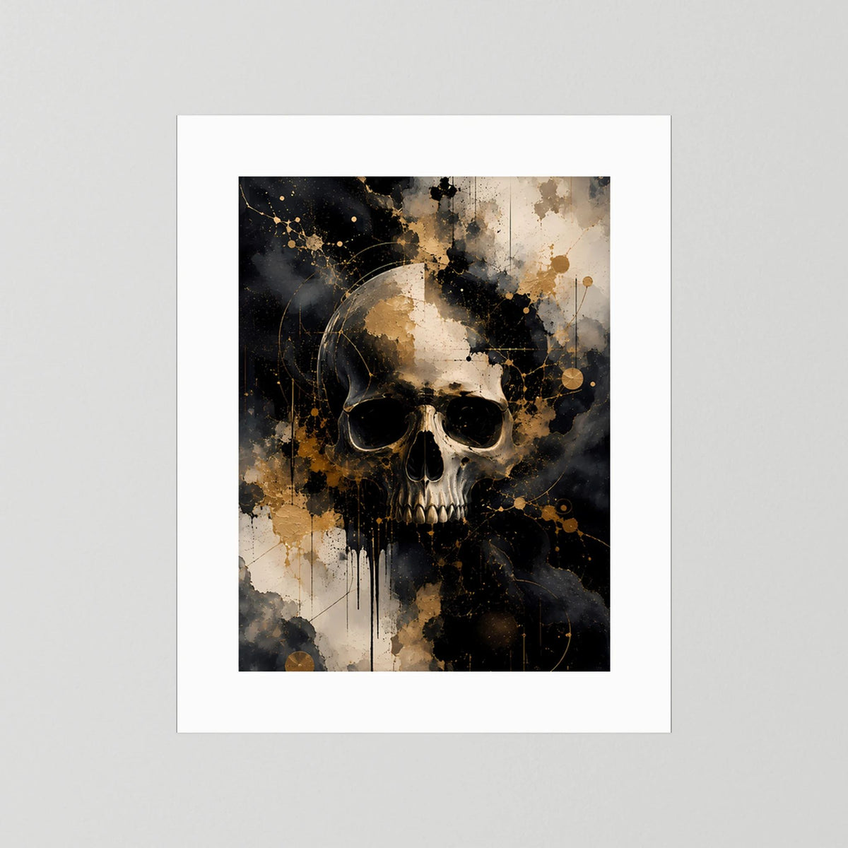 Weißes Totenkopf-Poster im Hochformat, schwarz, weiß und gold mit weißem Rand