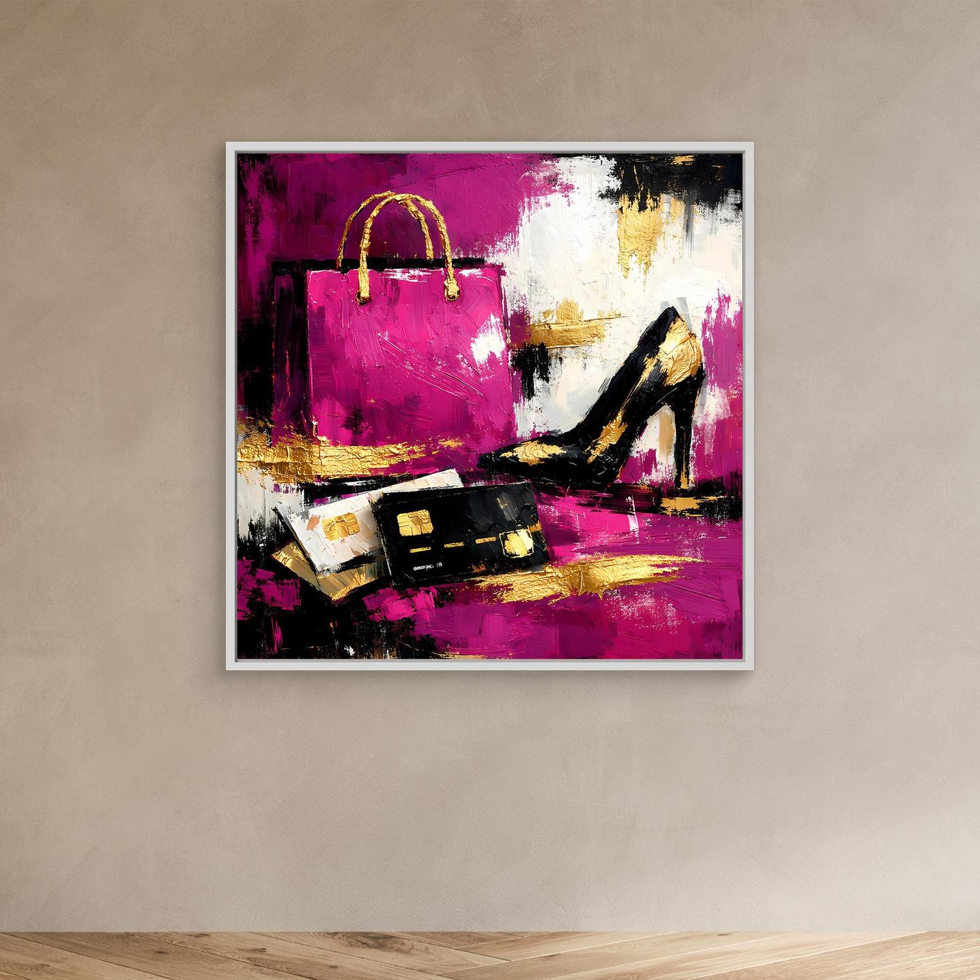 Leinwand Abstraktes Fashion Wandbild in Pink und Gold | Modernes High Heels & Shopping Gemälde