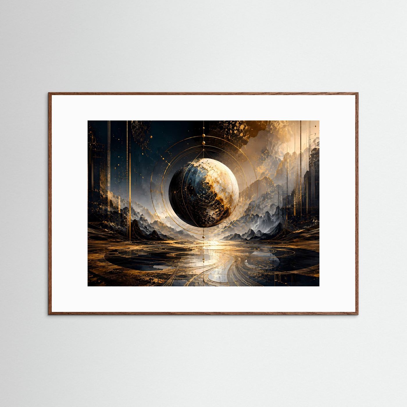 Abstrakte Weltkugel Poster | Gold Schwarz Moderne Wandkunst | Futuristische Planetensphäre | Luxus Fine Art Kunstdruck