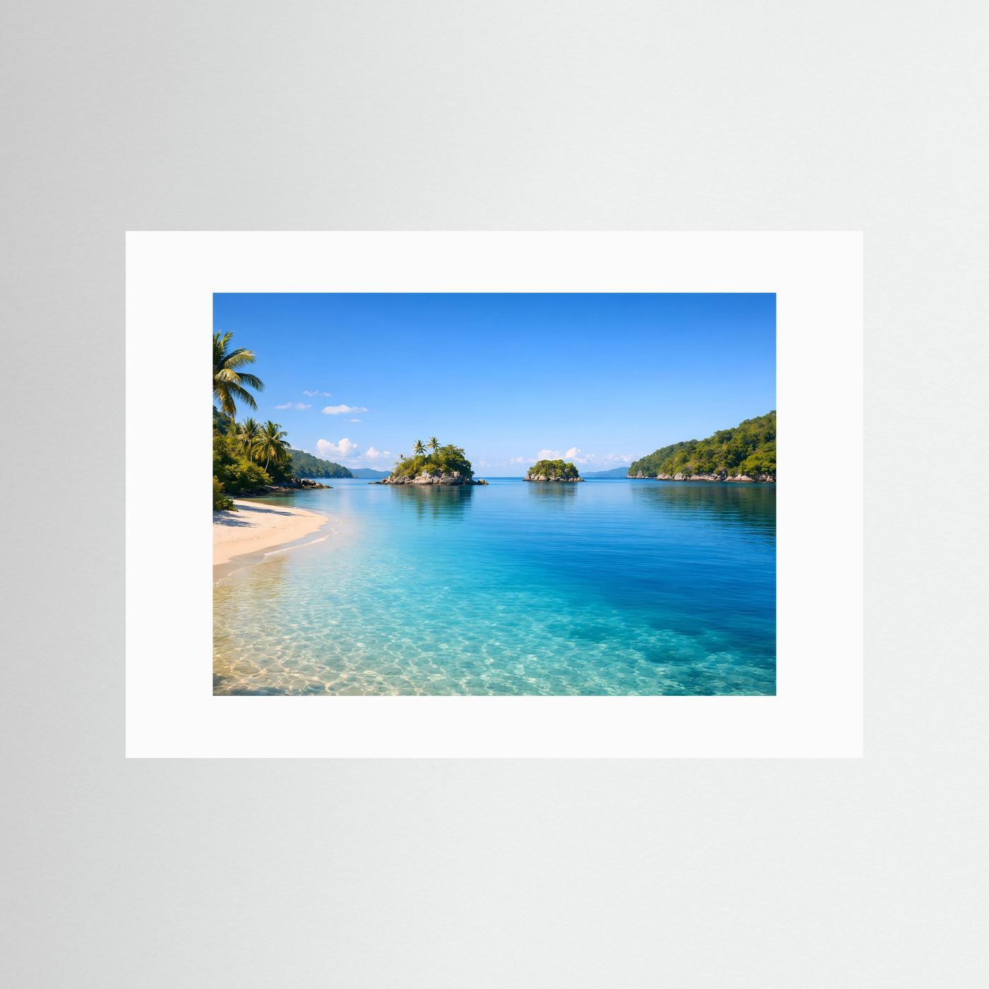 Panorama-Strandposter mit türkisblauem Meer, Sandstrand und Inseln, ohne Rahmen