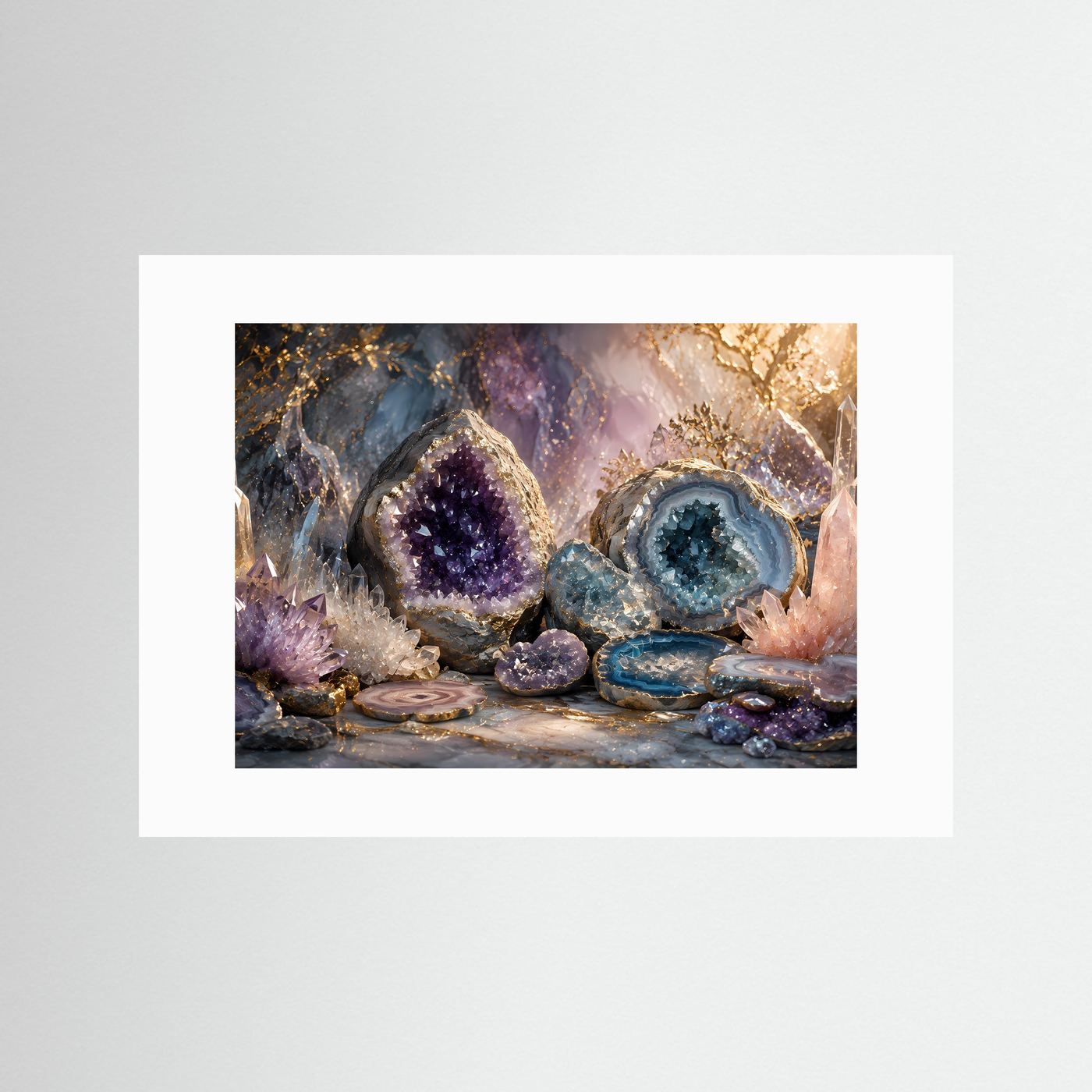 Mineralien-Poster mit weißem Passepartout, Amethyst- und Achatkristalle violett-blau