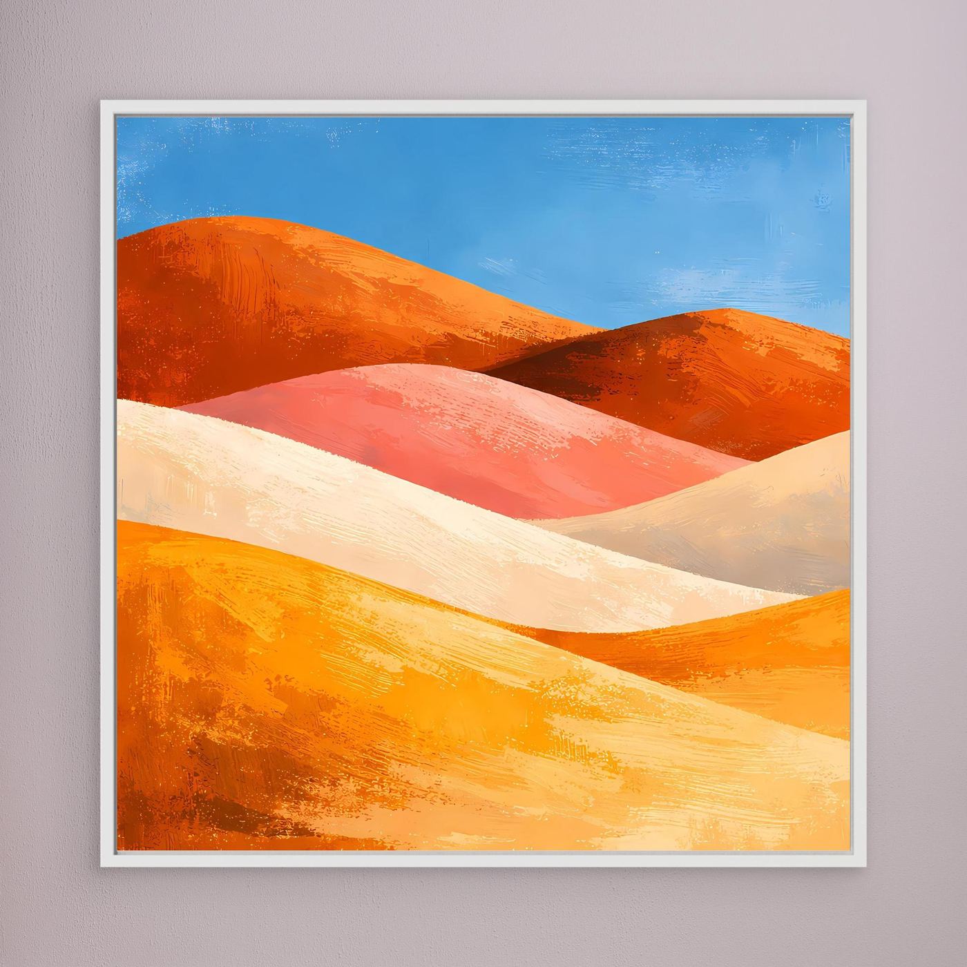 Abstraktes Wandbild auf Leinwand mit Dünen in Orange und Rosa, weiß gerahmt