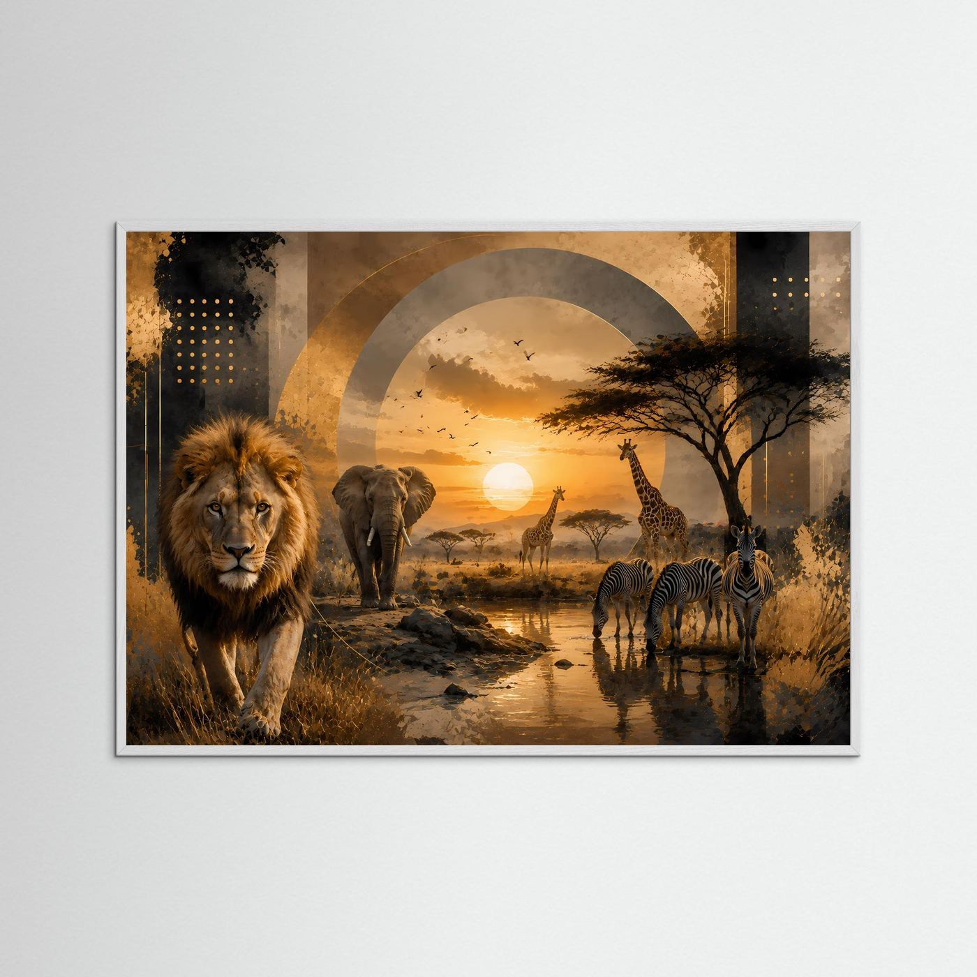 Querformatposter mit Löwe, Elefant und Zebra, im weißen Holzrahmen