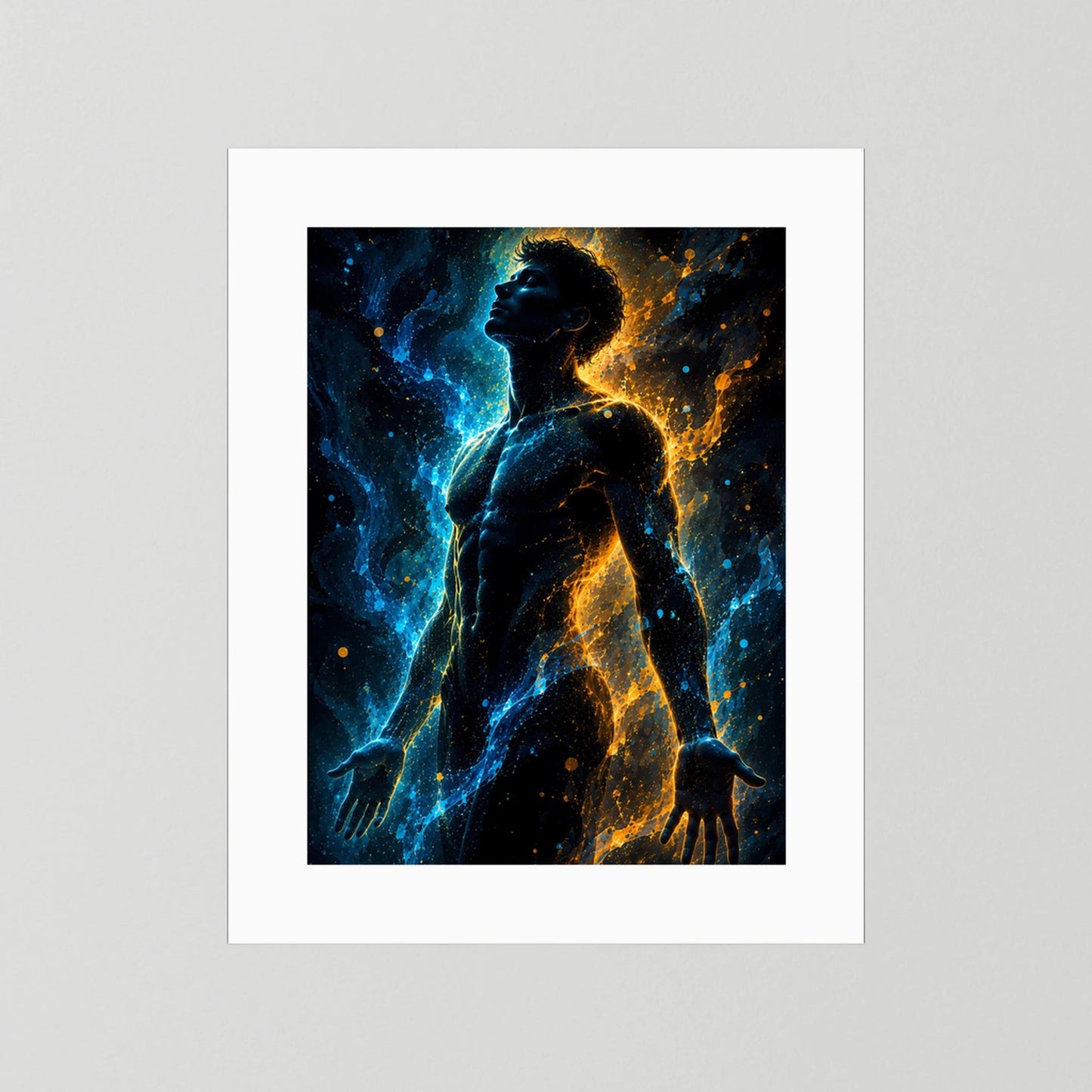 Hochformat-Poster mit männlicher Silhouette, blau-gold leuchtend, weiße Umrandung