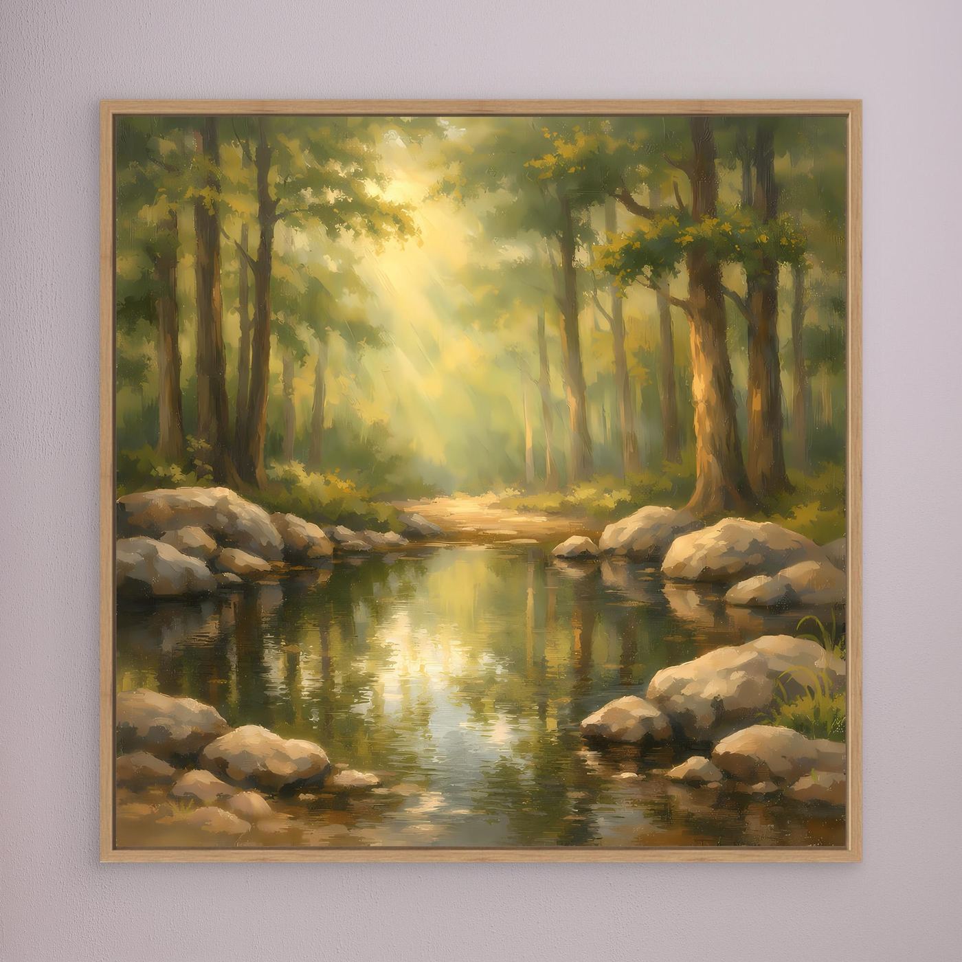 Leinwandbild Wald und Bach mit Sonnenstrahlen, Holzrahmen