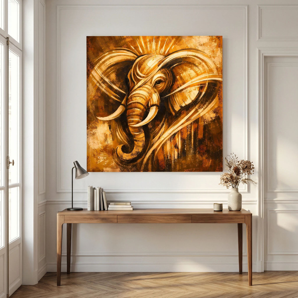 Abstraktes Wandbild: Elefant in Goldtönen mit geschwungenen Ornamentbögen