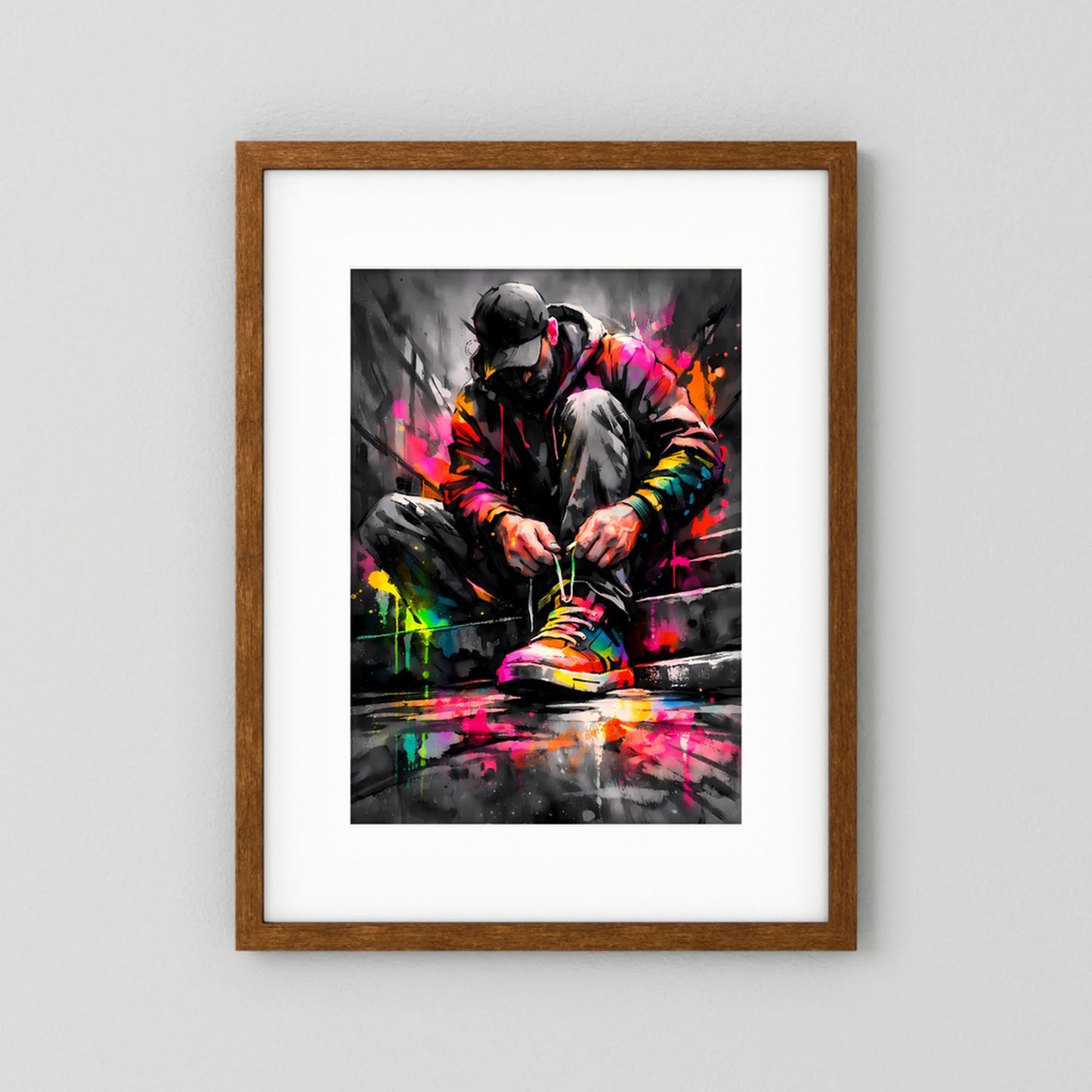 Poster im braunen Holzrahmen mit weißem Passepartout, knieende Figur mit bunten Spritzern