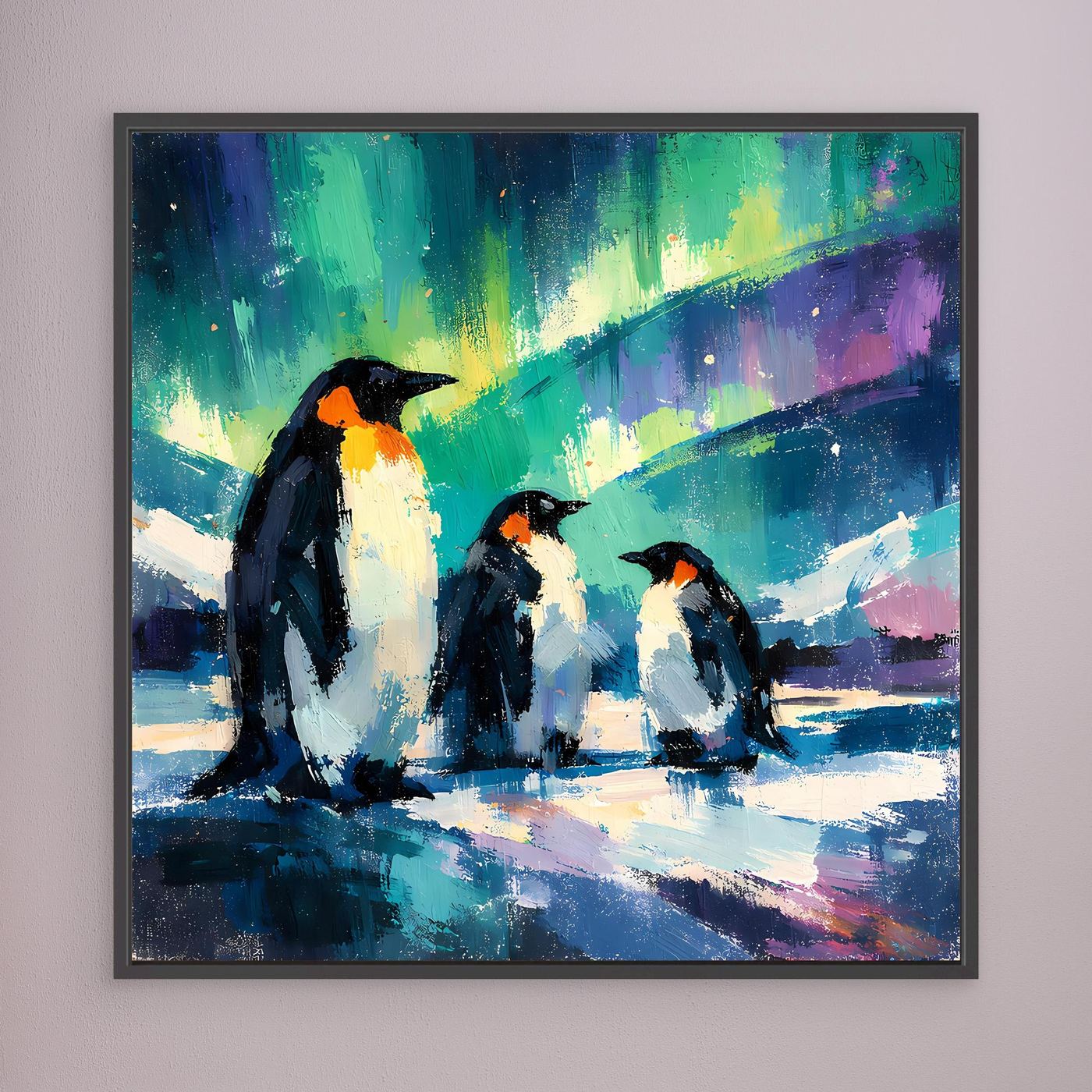 Leinwand Majestätische Pinguine unter Polarlichtern | Abstraktes Antarktis & Nordlicht Wandbild