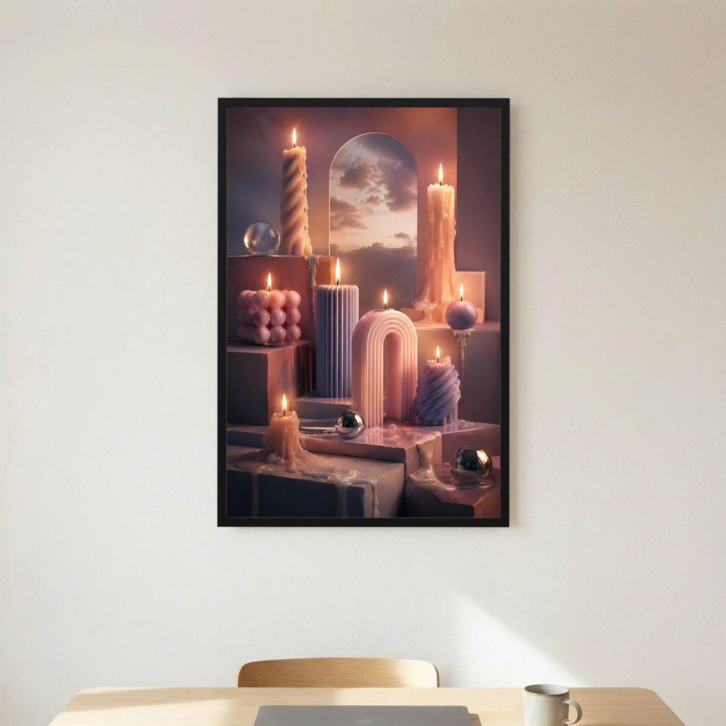 Hochformat-Poster mit Kerzen in Pastellrosa im schwarzen Rahmen, Bogenmotiv in der Mitte