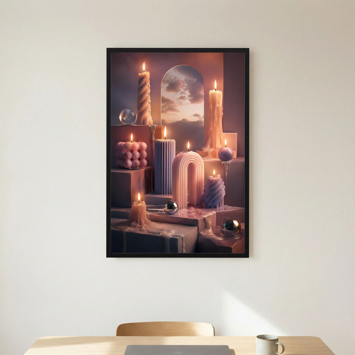 Hochformat-Poster mit Kerzen in Pastellrosa im schwarzen Rahmen, Bogenmotiv in der Mitte