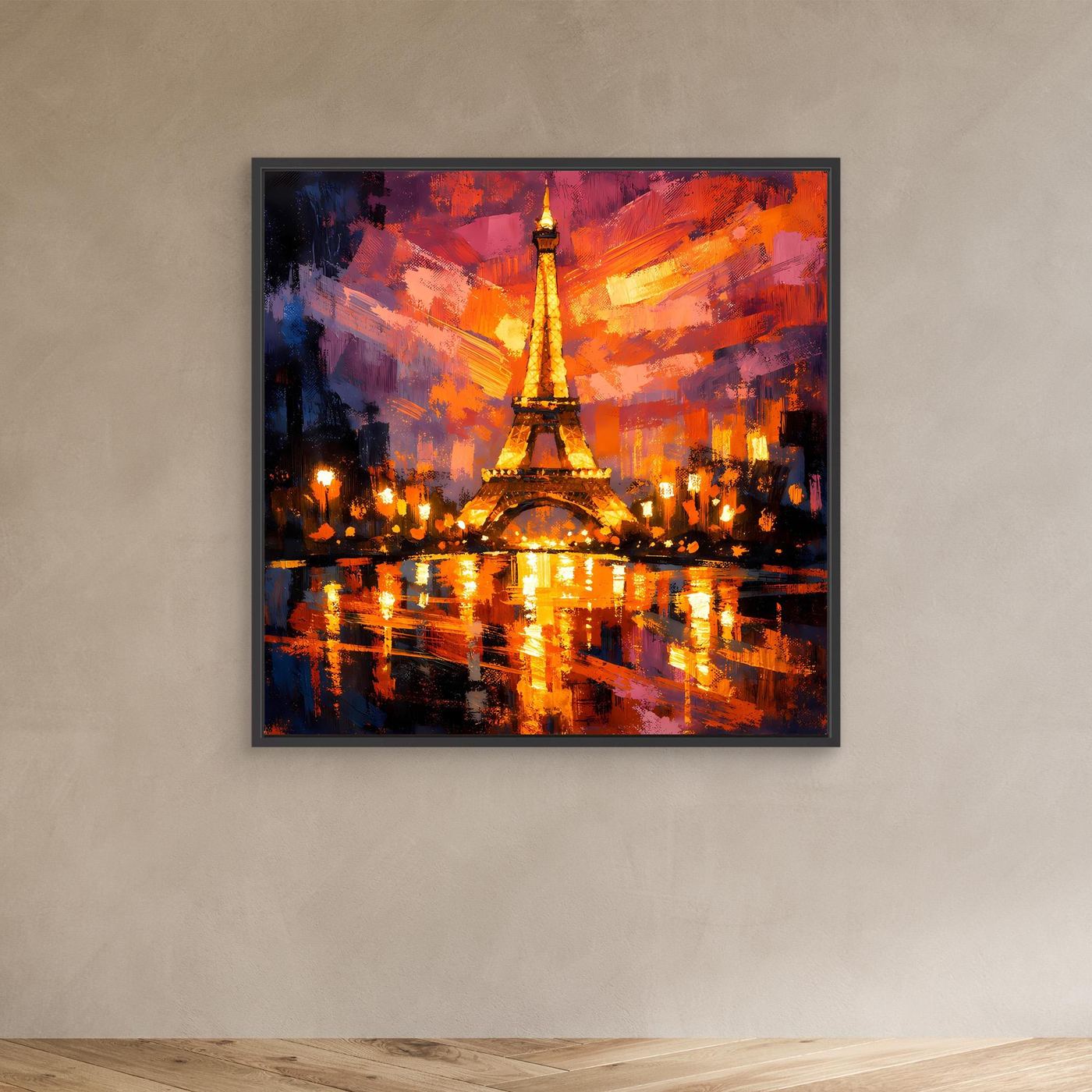 Abstraktes Leinwand-Wandbild: Eiffelturm bei Nacht mit dunklem Rahmen.