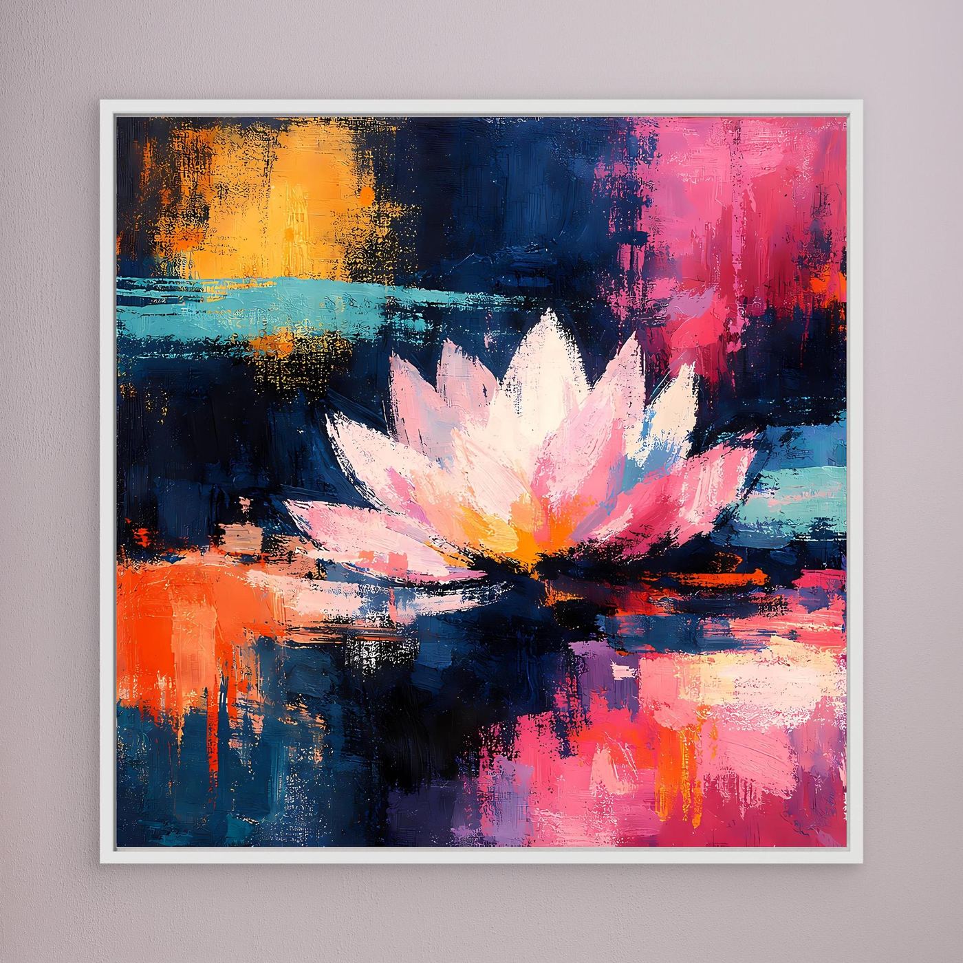 Abstraktes Lotus-Leinwandbild mit Blüte, orange-blaue und pinke Farbflecken, weißer Rahmen