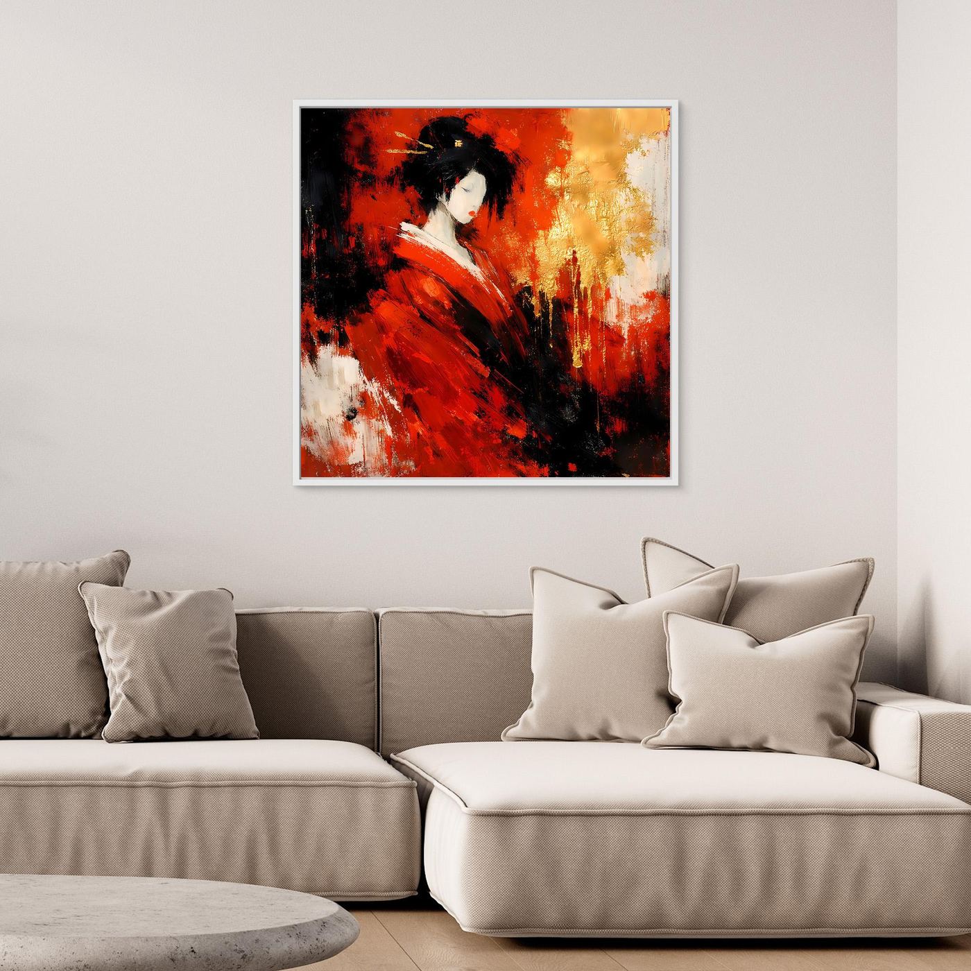 Leinwand Elegante Geisha im Roten Kimono | Abstraktes Asiatisches Wandbild Moderne Kunst