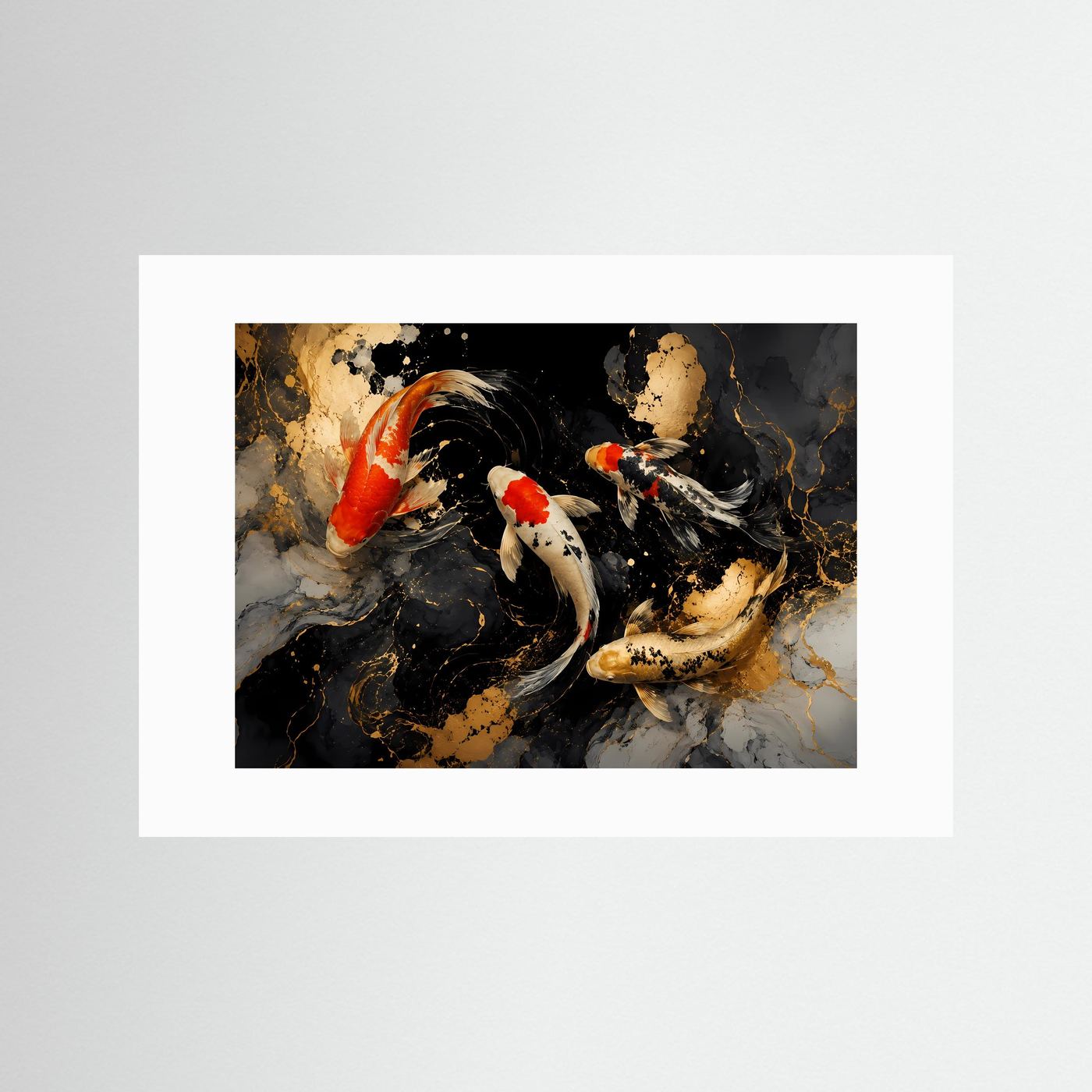 Wandbild mit Koi-Karpfen in Schwarz, Rot und Gold, weißer Passepartout