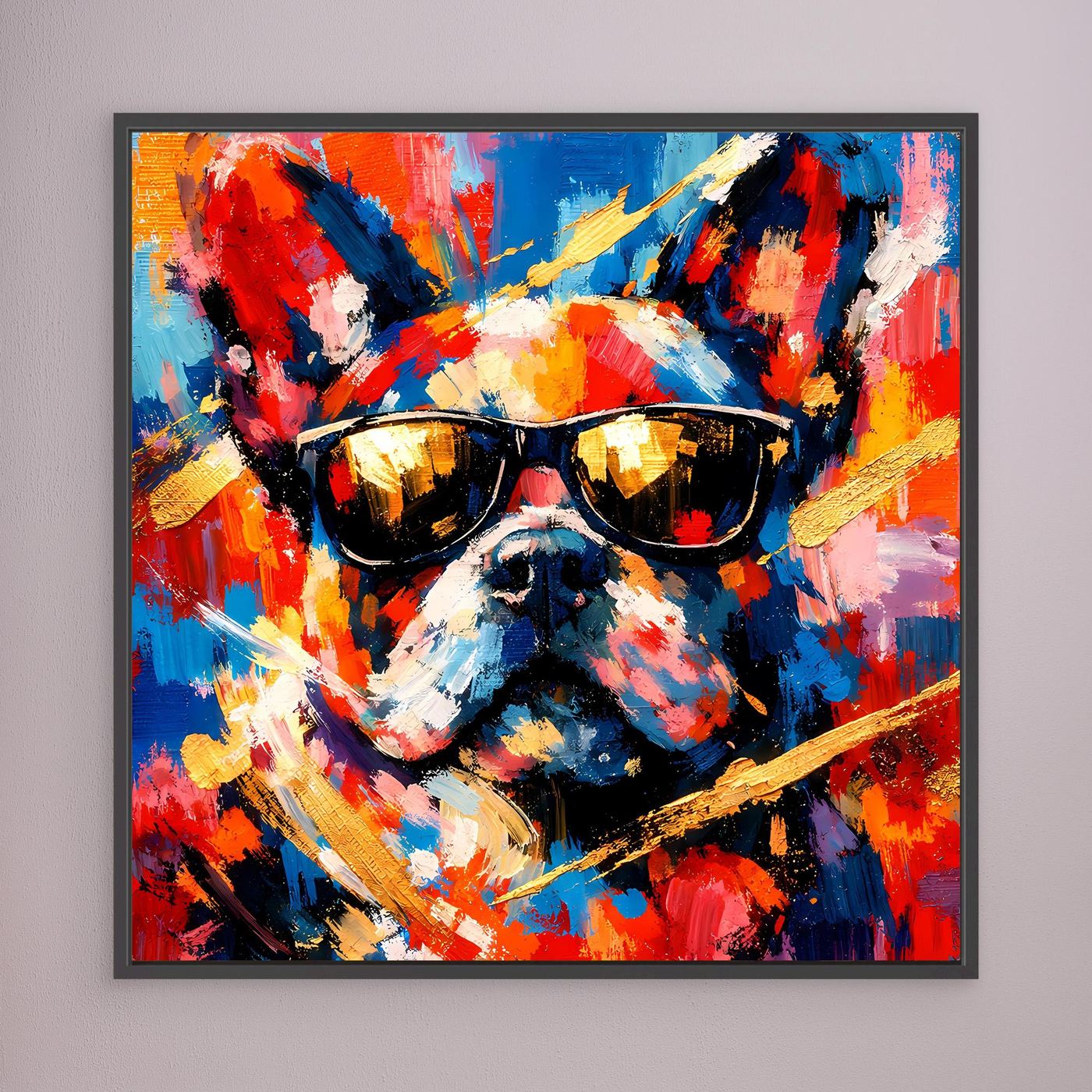 Leinwandbild mit abstrakter Französischer Bulldogge und Sonnenbrillen, bunt, schwarz gerahmt