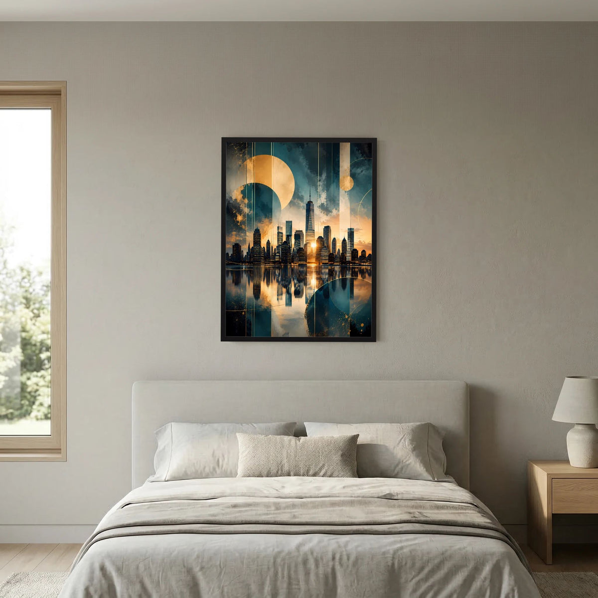 Hochformatiges Poster mit goldenen Lichtpunkten und Skyline-Spiegelung in Petrol, schwarzer Rahmen