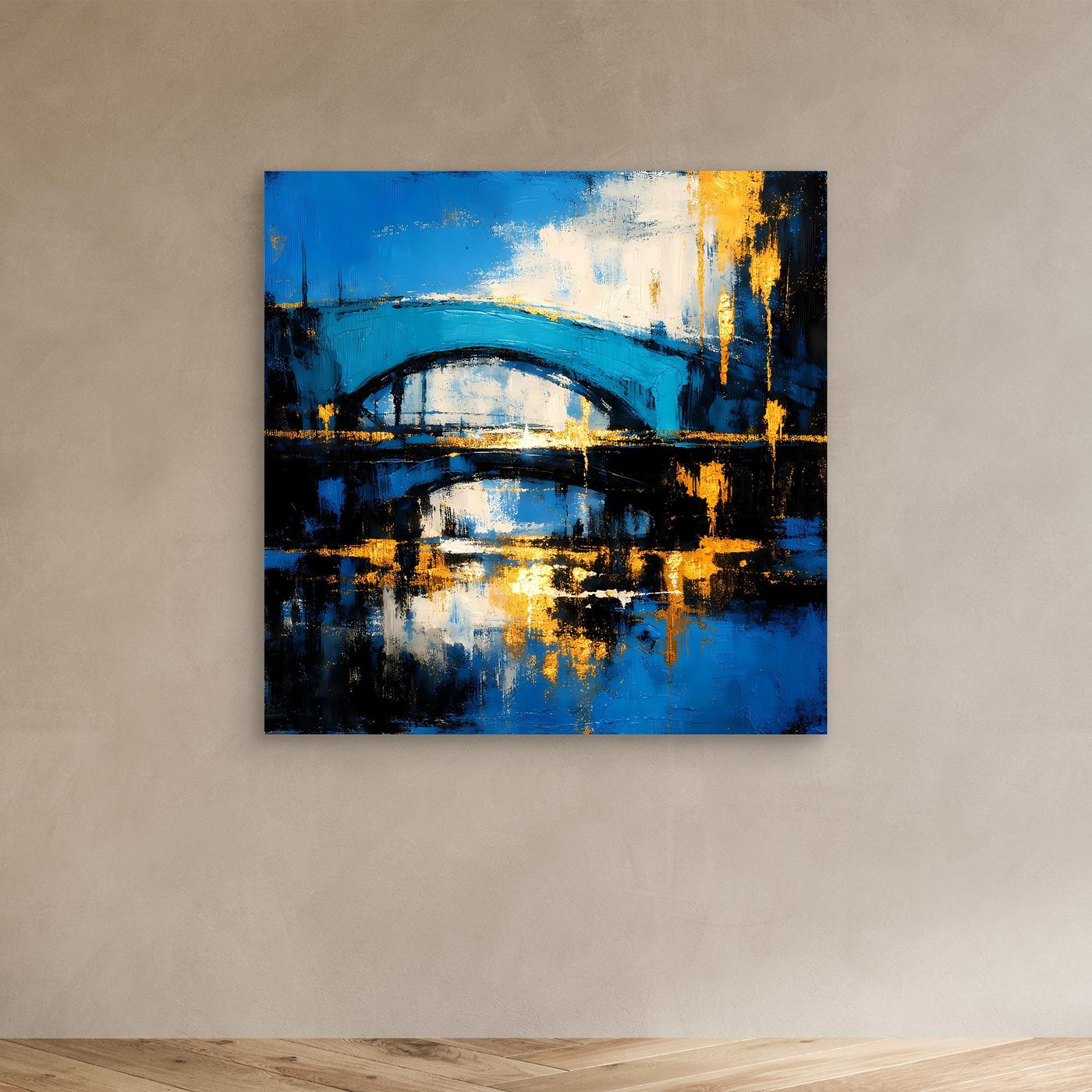 Kleines abstraktes Wandbild: blaue Brücke, goldene Streifen und dunkles Wasser