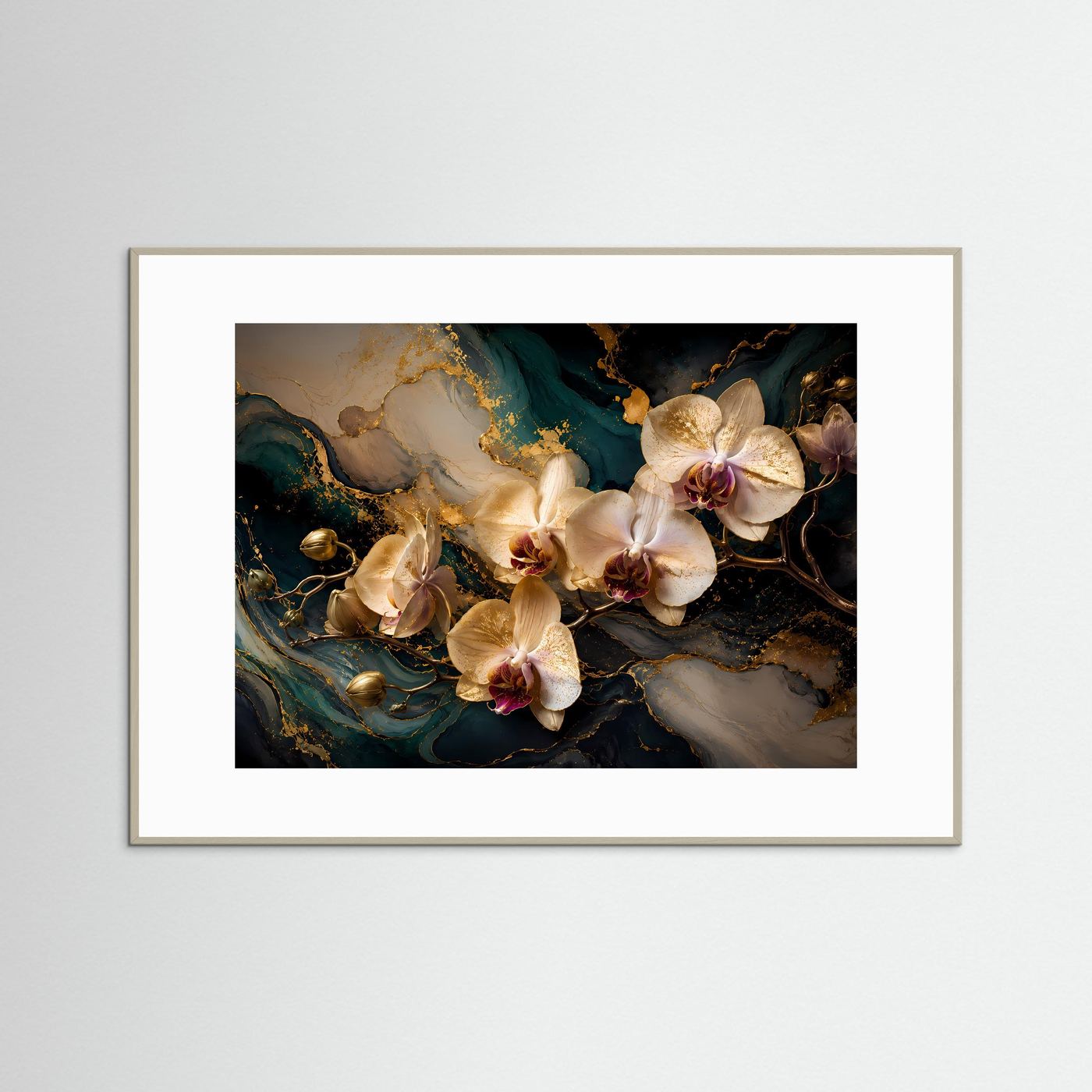 Orchideen-Poster im Querformat mit marmoriertem Hintergrund, grauer Holzrahmen