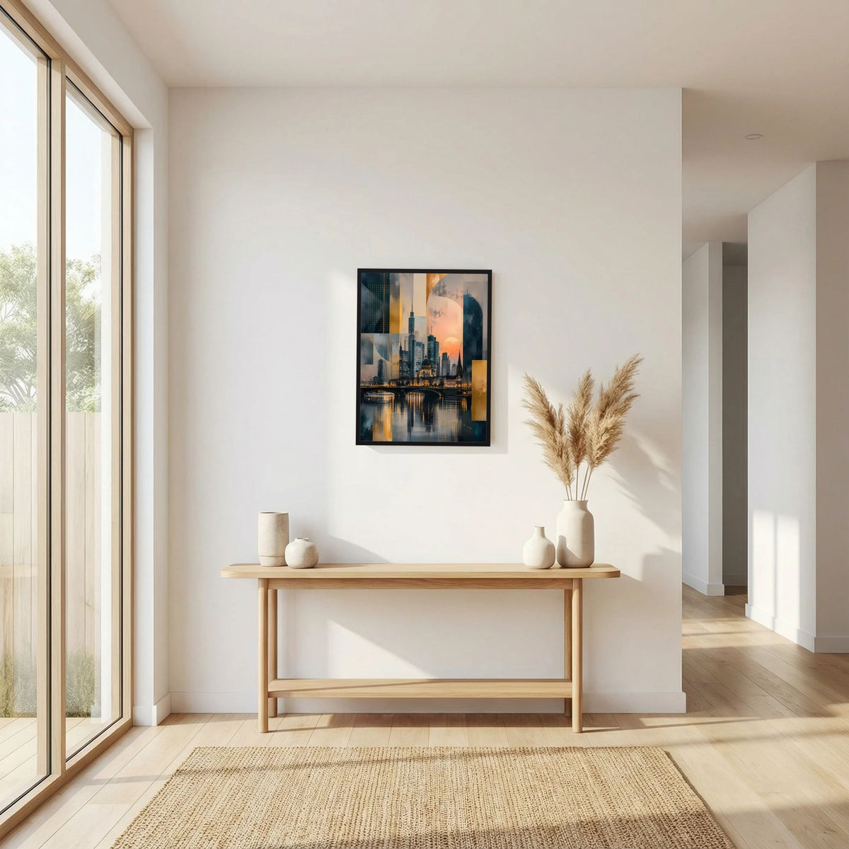 Poster im Hochformat mit abstrakter Skyline und Flussreflexen in Gold und Petrol, schwarzer Rahmen