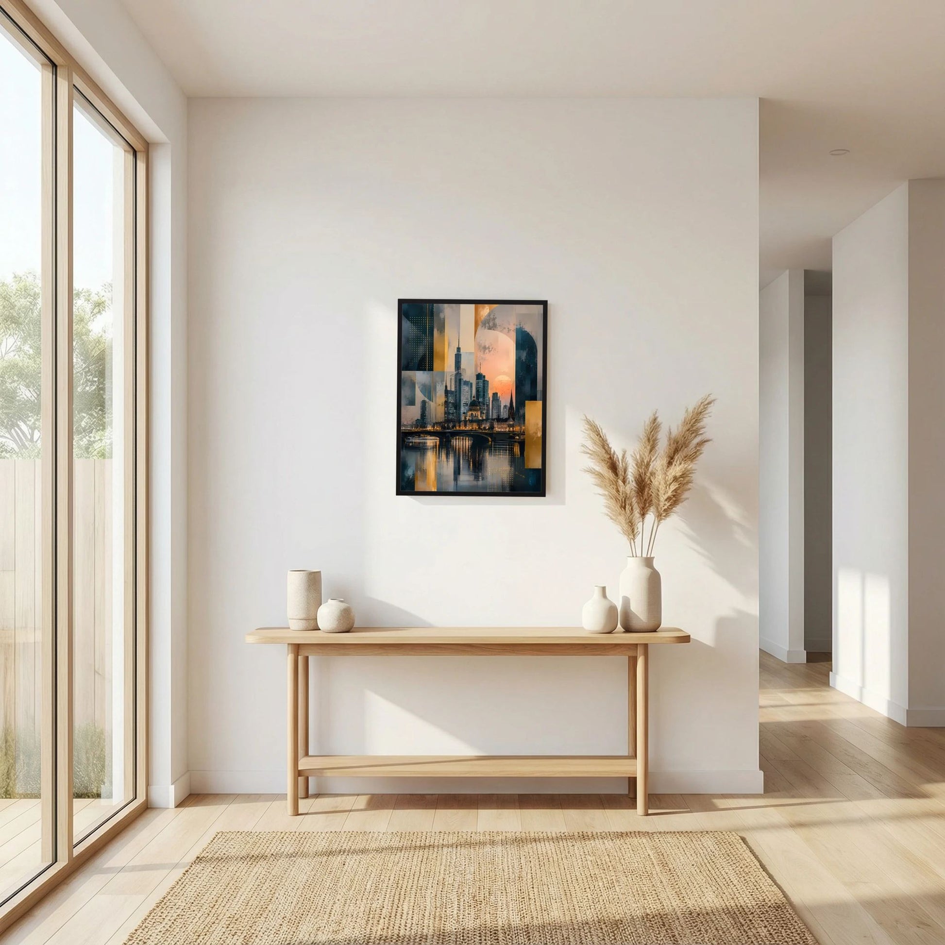 Poster im Hochformat mit abstrakter Skyline und Flussreflexen in Gold und Petrol, schwarzer Rahmen
