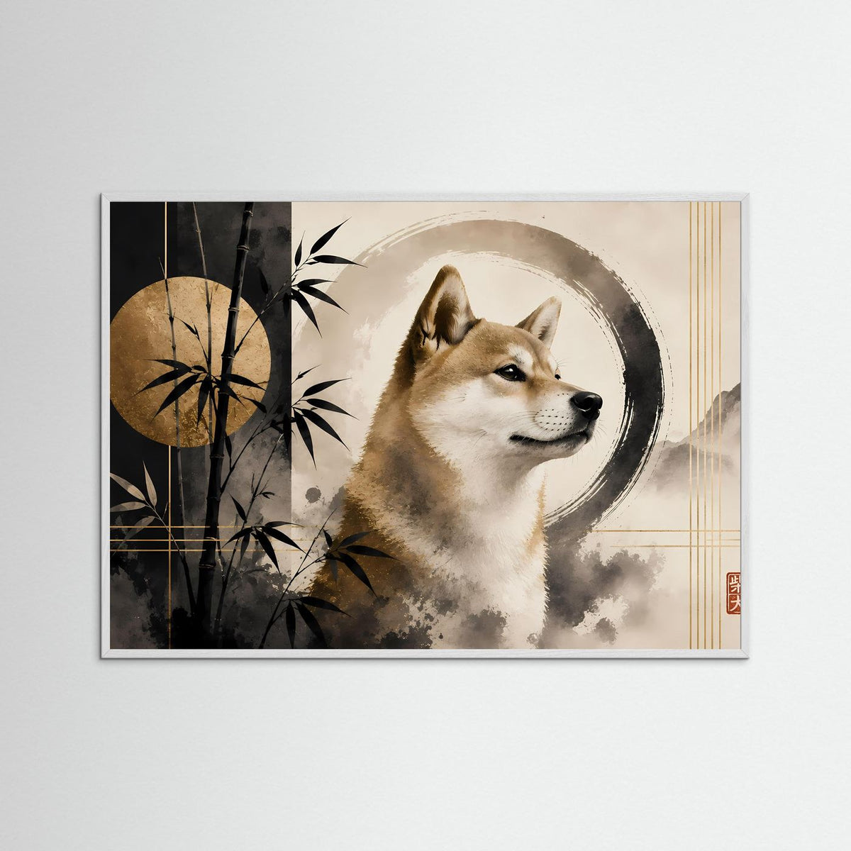 Gerahmtes Querformat-Poster mit Shiba Inu Zen-Motiv, Bambus und Kreisornamenten, beige Rahmen