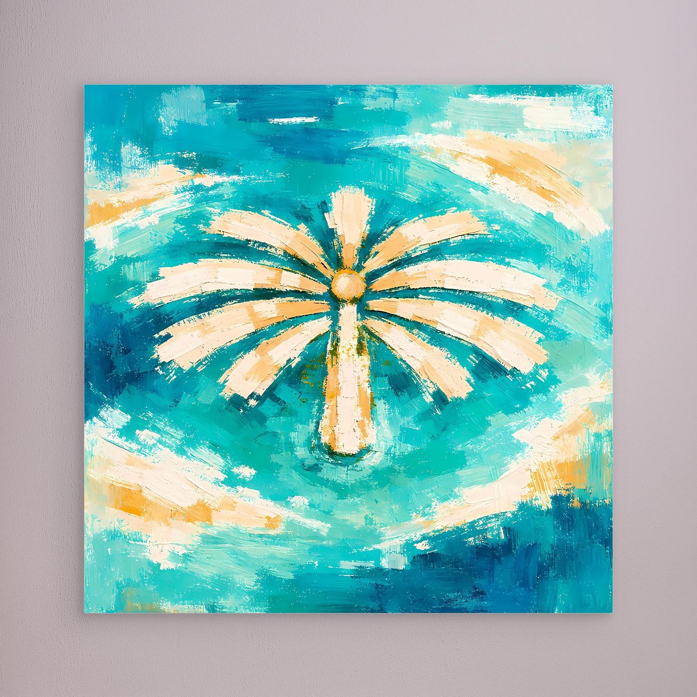 Leinwand Abstrakte Palme im Meer | Modernes Dubai Palmeninsel Wandbild Türkis