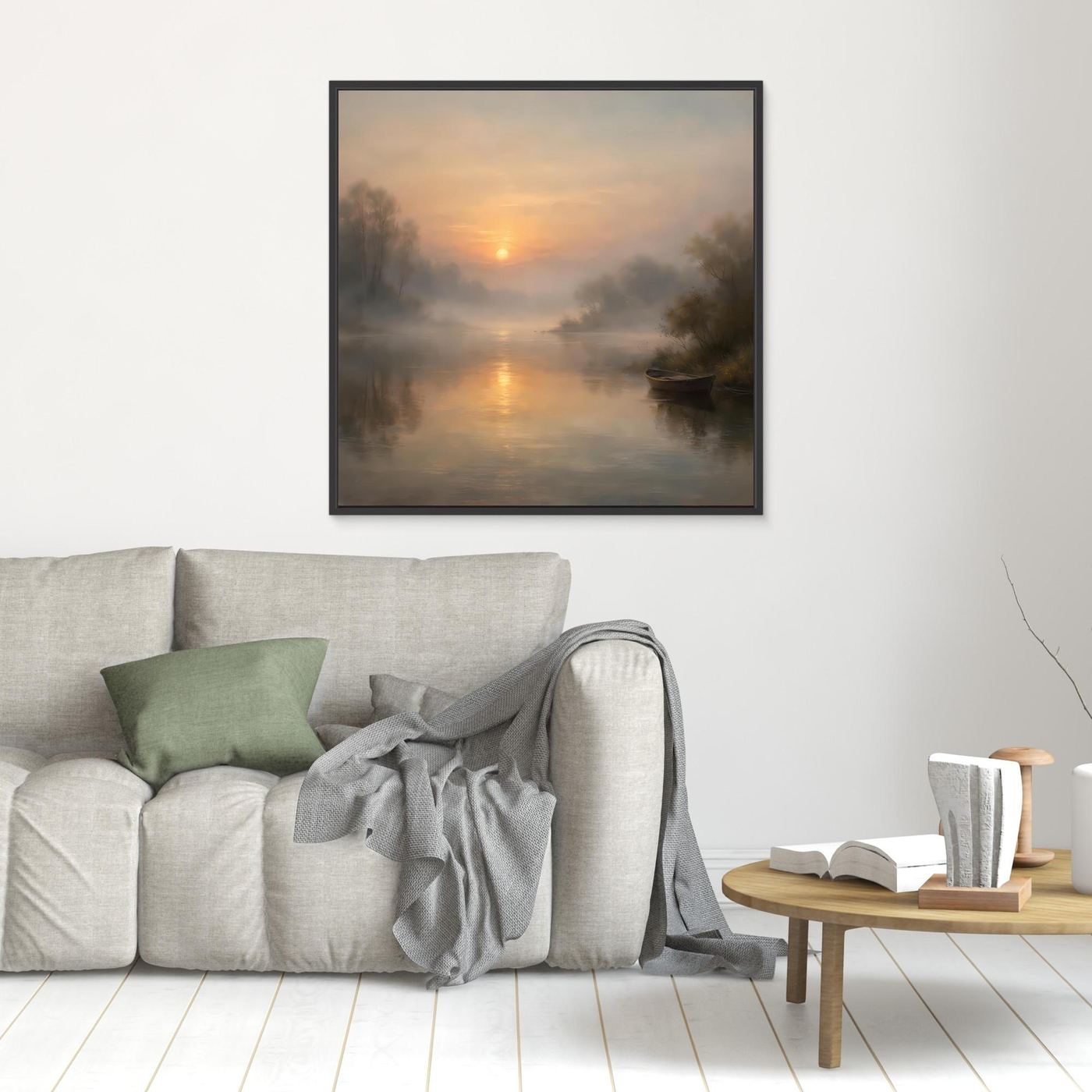Leinwandbild mit schwarzem Rahmen: nebliger Flussmorgen, Sonnenaufgang, Boot im Wasser