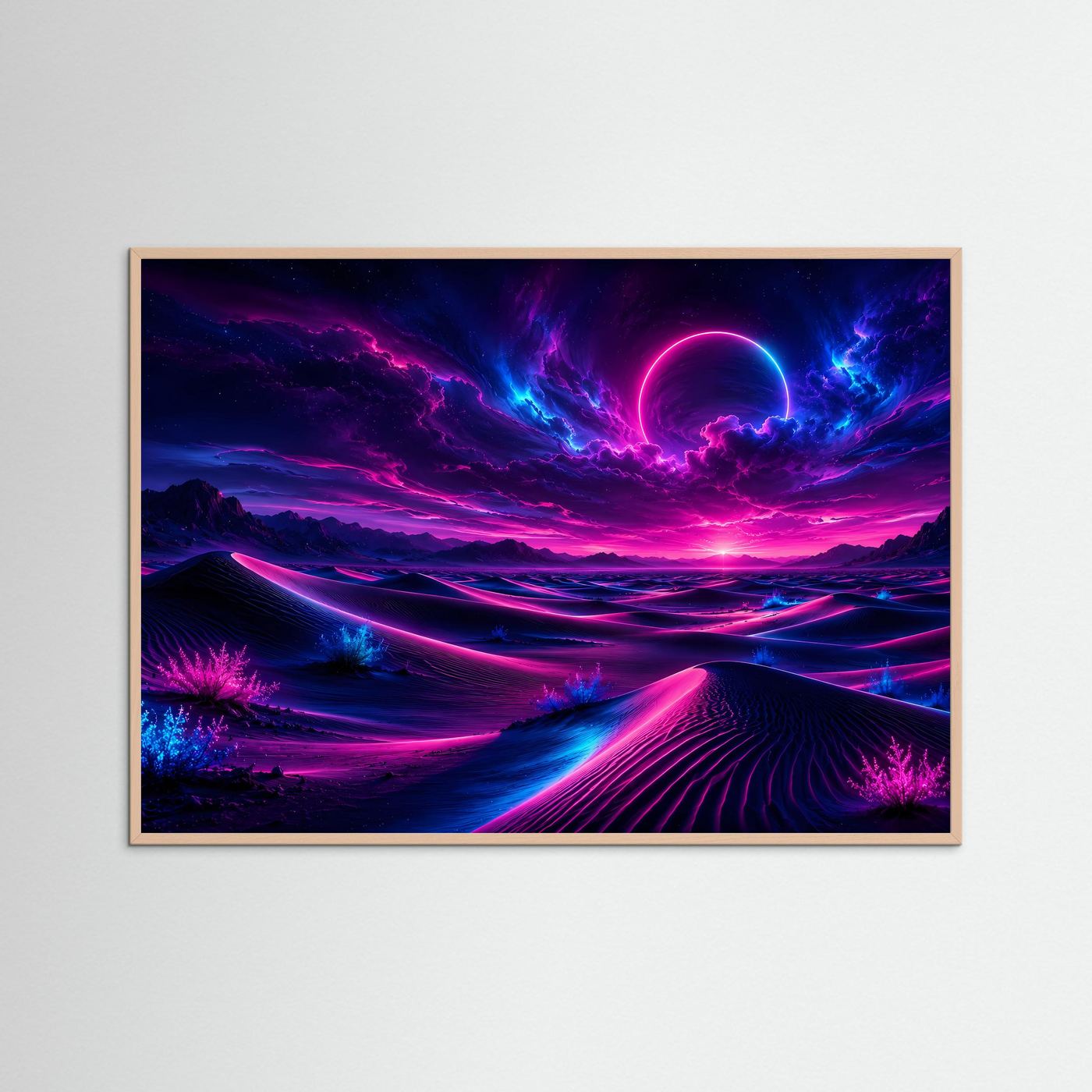 Neon Wüste Poster Querformat | Futuristische Landschaft in Pink & Blau | Cyberpunk Sci-Fi Wandbild