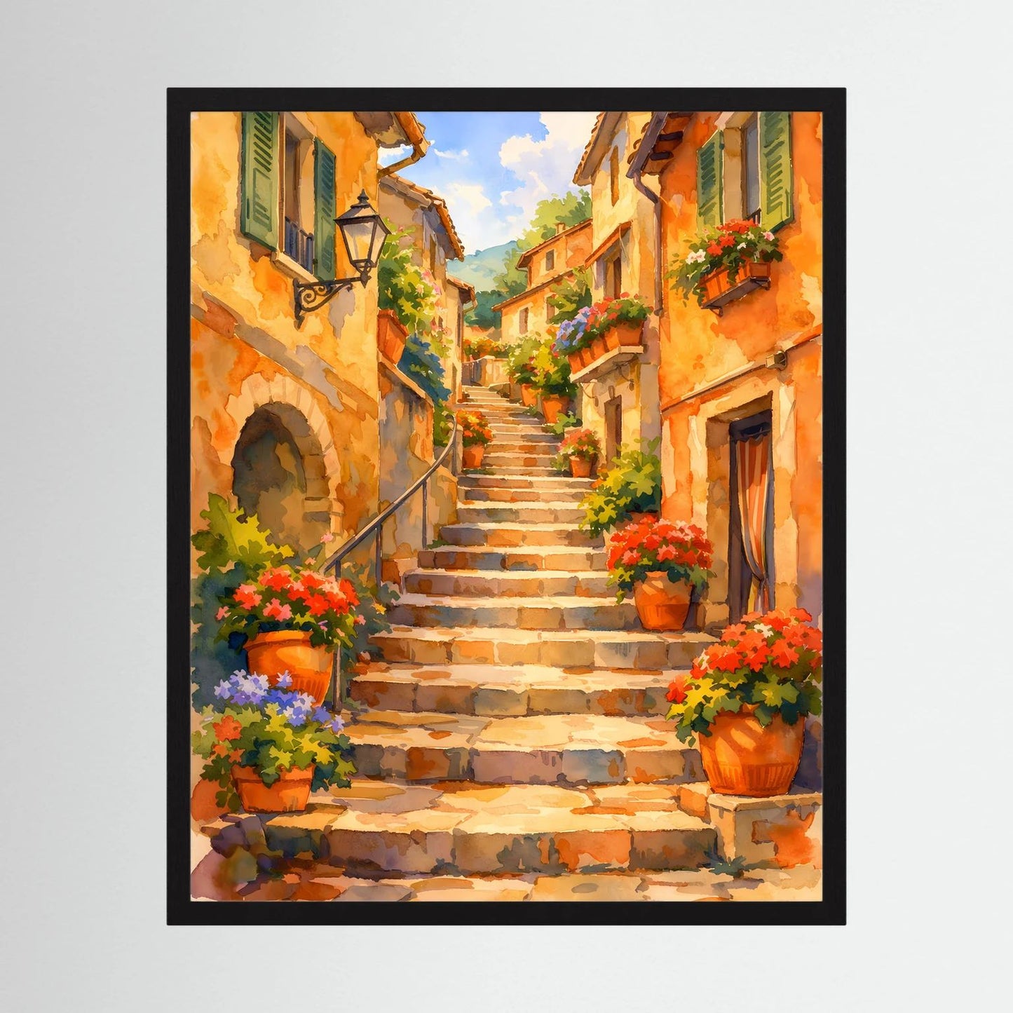 Wandbild mit schwarzem Rahmen: Altstadtgasse mit Steintreppe und Blumen in Töpfen