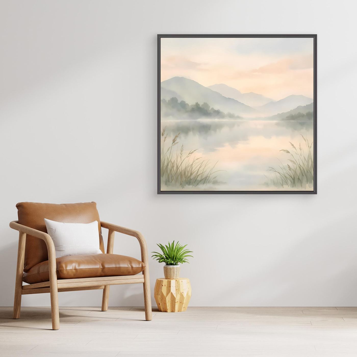 Leinwandbild Bergsee im Nebel, mit schwarzem Rahmen