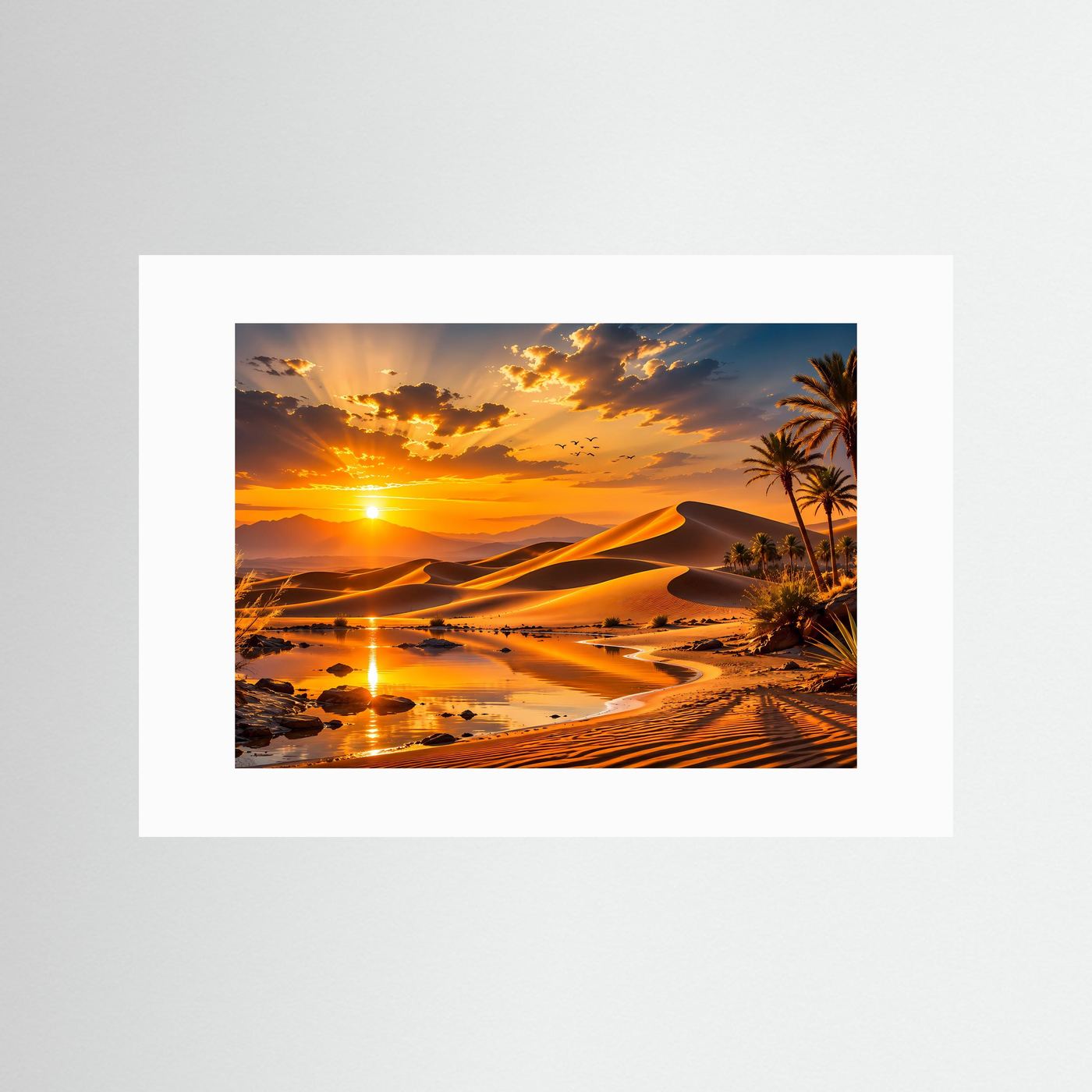 Wandbild auf weißem Passepartout: Sonnenaufgang in der Wüste mit Dünen und Palmen
