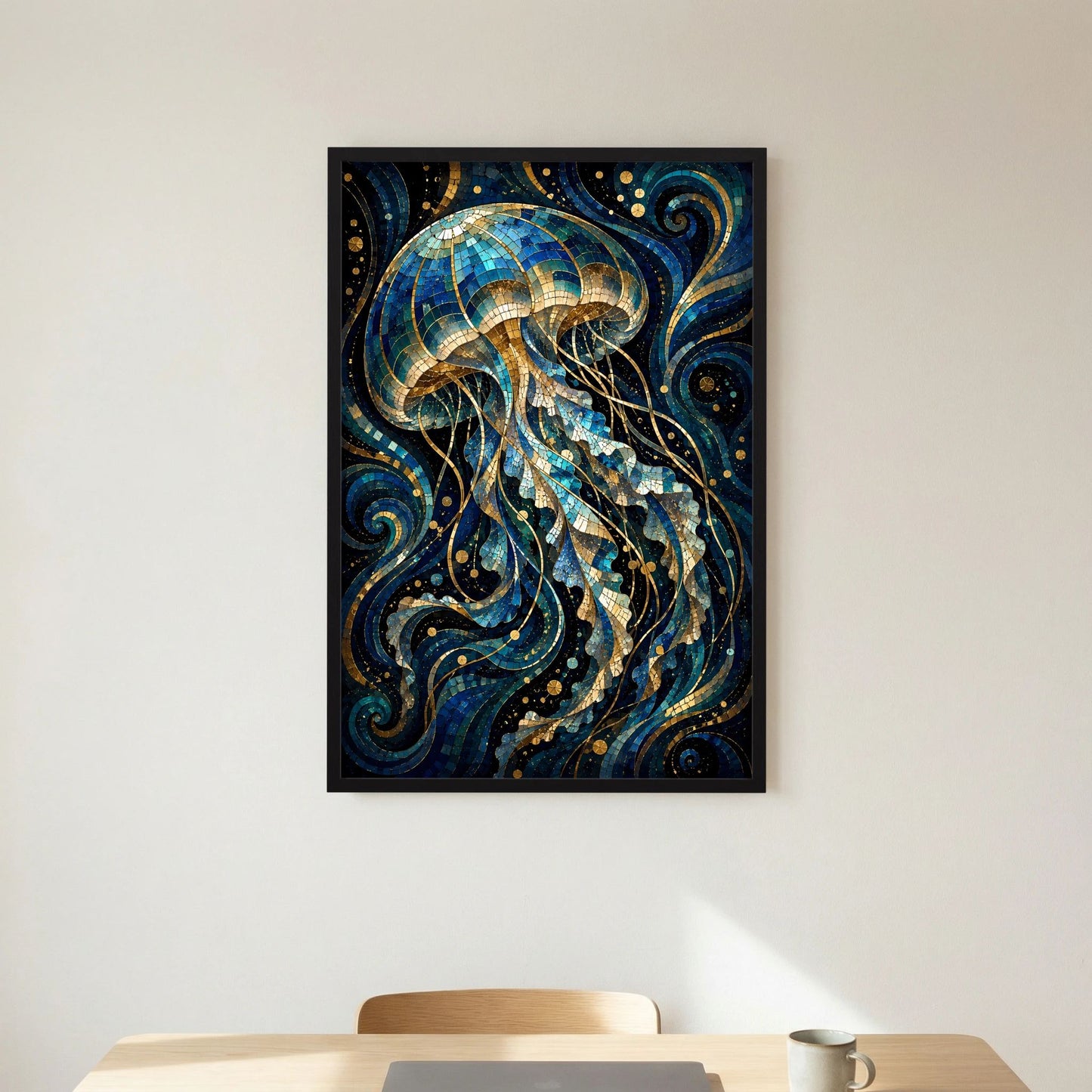 Hochformat-Wandposter mit Mosaik-Quallen in Blau und Gold, schwarzer Rahmen