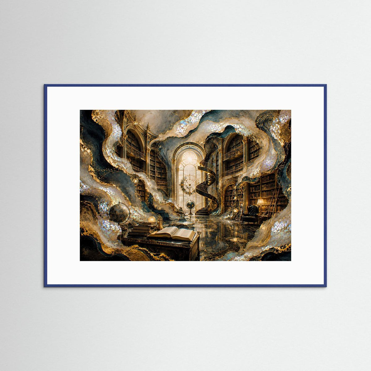 Querformat-Poster in blauem Rahmen, surrealer Bücherraum mit Gold- und türkisfarbenen Akzenten