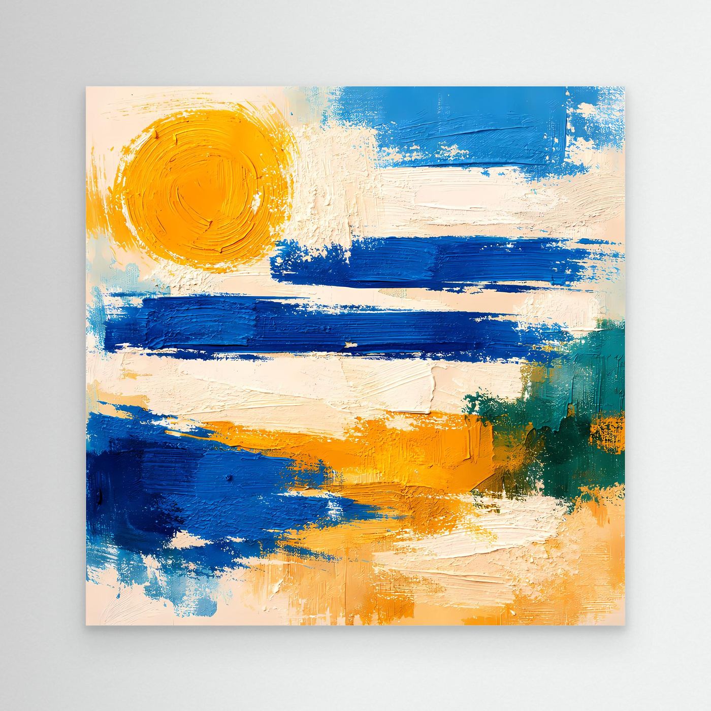 Abstract canvas wall art with blue wave strokes and a yellow sun circle