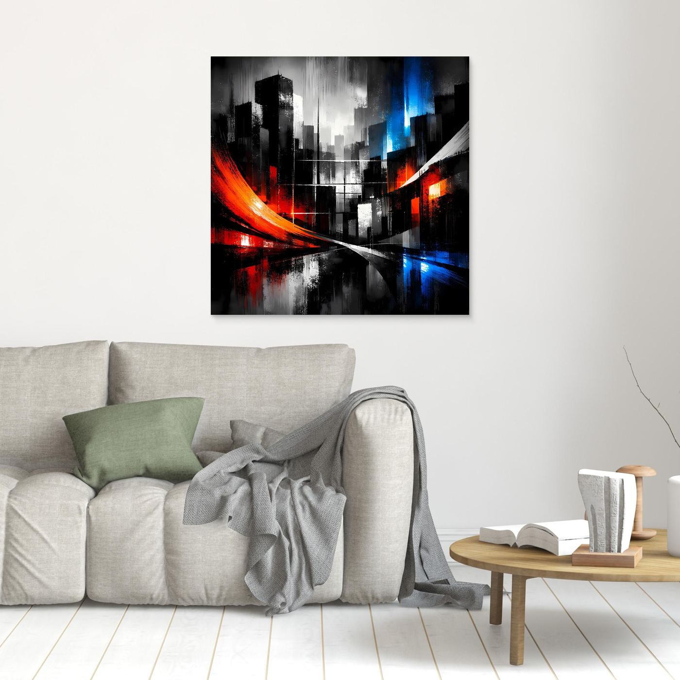 Leinwand-Wandbild mit abstrakter Skyline, gebogene Lichtspuren in Rot und Blau, ohne Rahmen