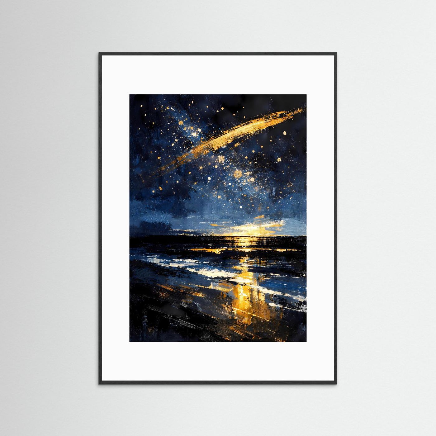 Hochformatiges Kunstposter im weißen Passepartout mit schwarzem Rahmen, Sternenhimmel & goldene Linie