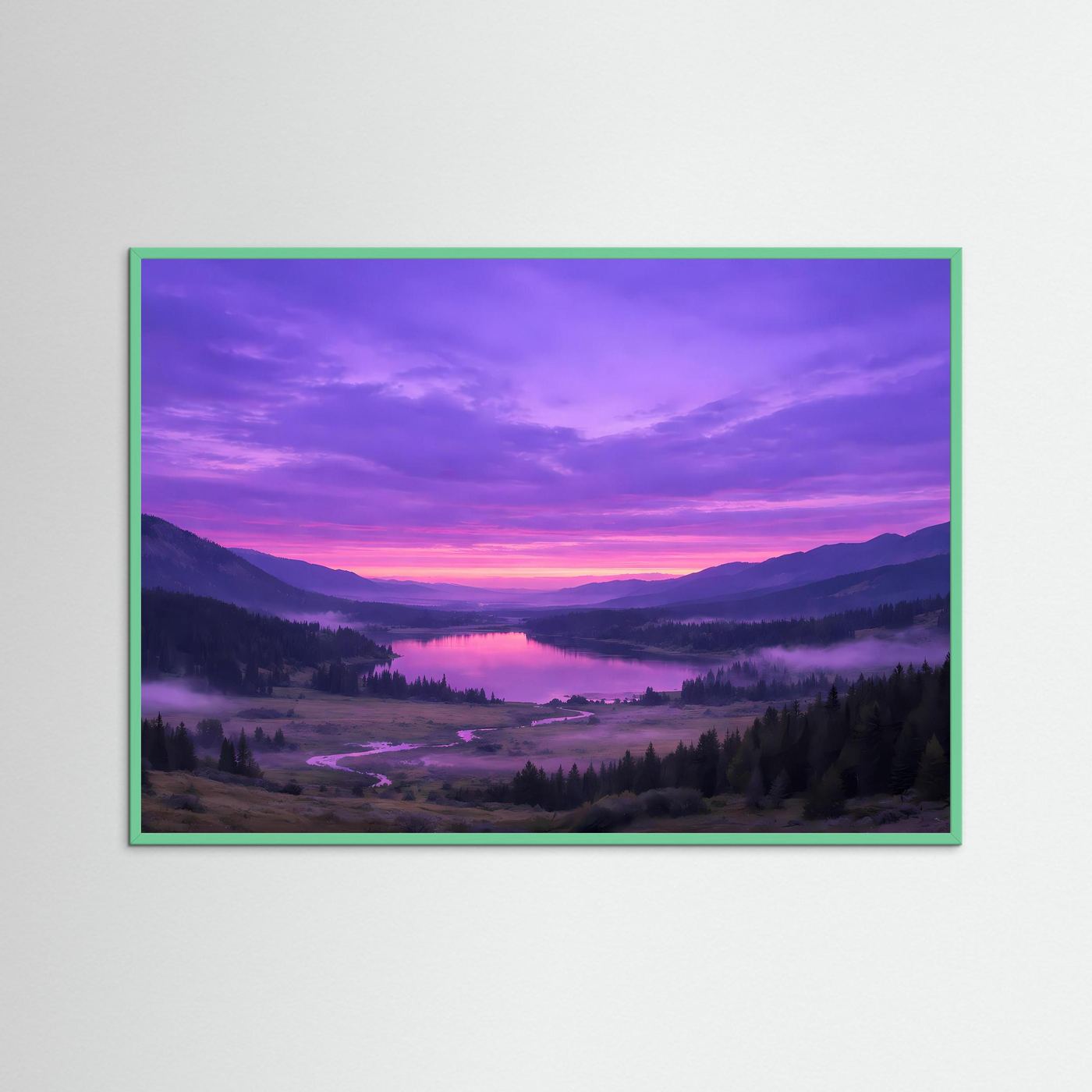 Wandbild: Bergtal mit Fluss bei Sonnenuntergang, in grünem Rahmen
