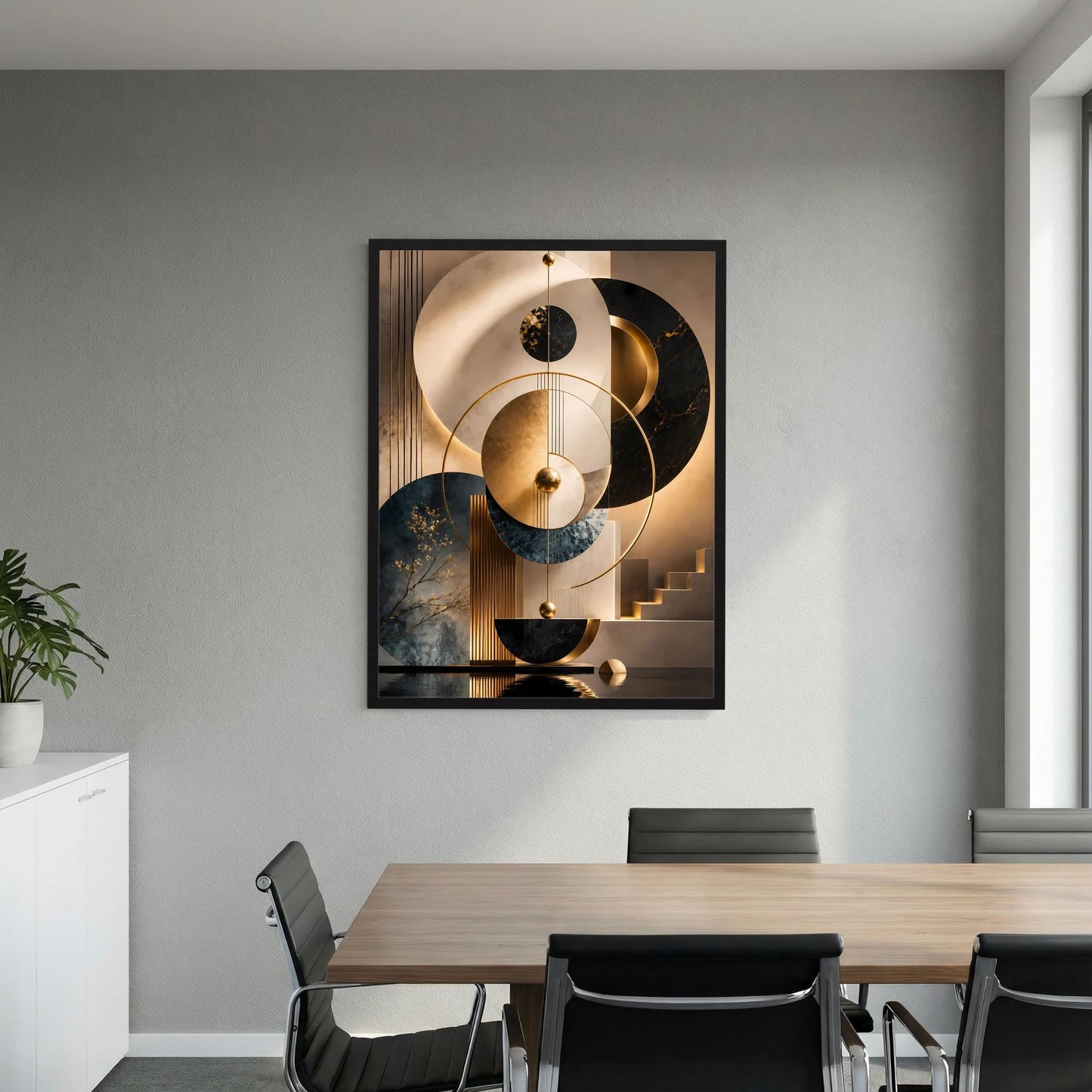 Vertikales Poster mit abstrakten goldenen Kreisen in Schwarz, Beige und Petrol im schwarzen Rahmen