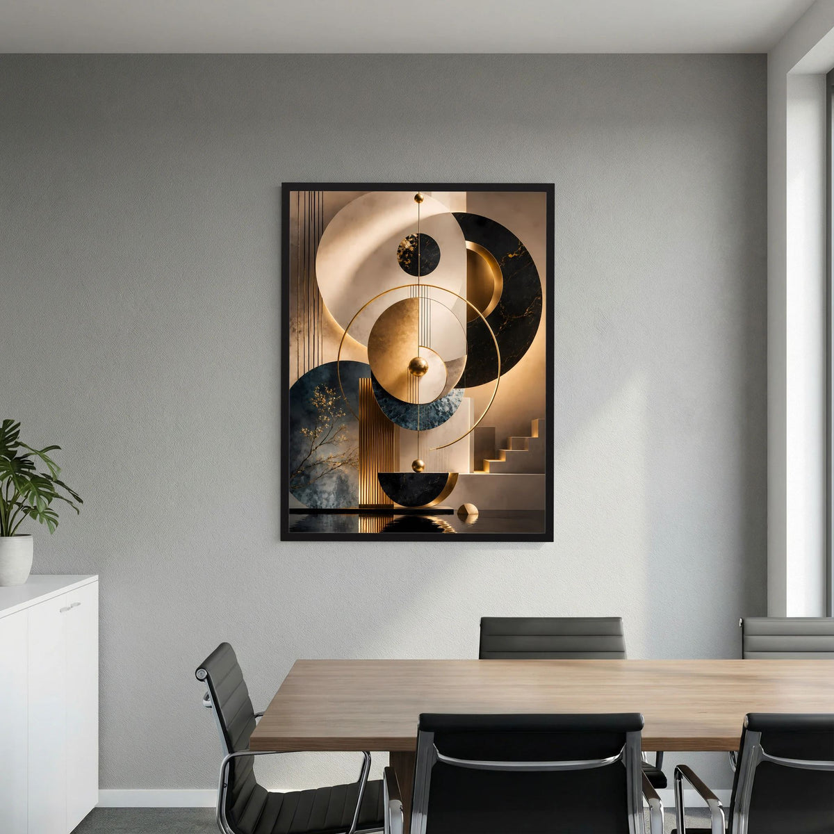 Vertikales Poster mit abstrakten goldenen Kreisen in Schwarz, Beige und Petrol im schwarzen Rahmen