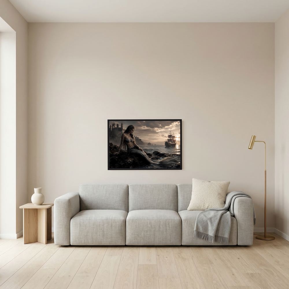 Wandbild mit Meerjungfrau am Strand und Segelschiff, schwarz gerahmt