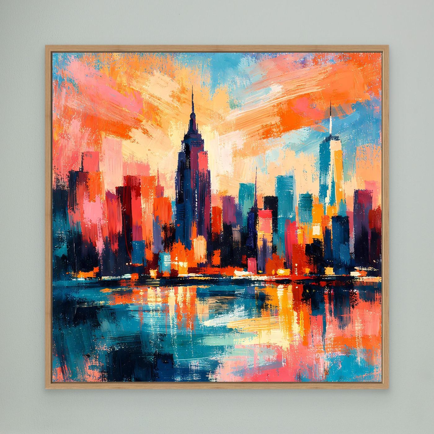 Gerahmtes Leinwandbild Skyline mit Spiegelung, orange und blau, brauner Holzrahmen