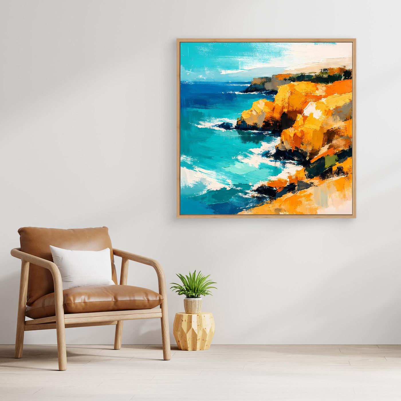 Leinwand Abstraktes Steilküsten Gemälde | Modernes Mediterranes Meeres Wandbild Blau Gelb