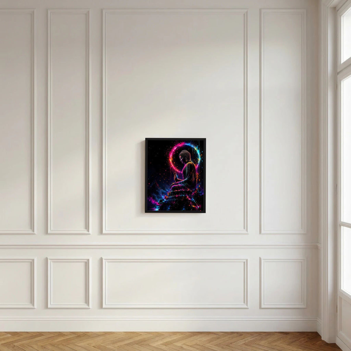 Gerahmtes Kunstposter mit sitzendem Buddha im leuchtenden Neonkreis, Pink und Blau im Vordergrund