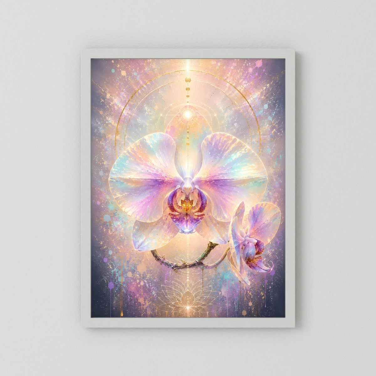 Orchideen-Pastellposter mit hellem Rahmen und weißem Passepartout, leuchtende Orchideenblüte