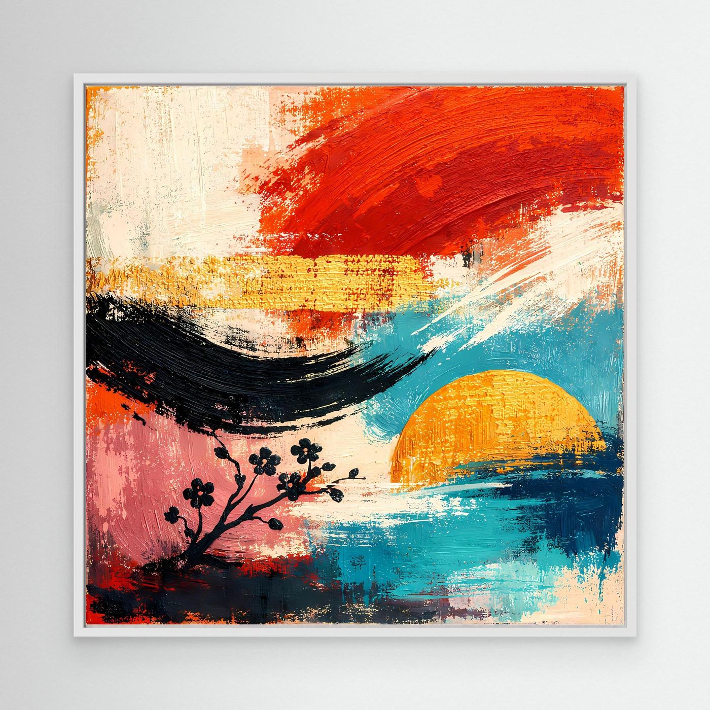 Abstraktes Wandbild mit weißem Rahmen: Kirschblütenzweig, roter Bogen und blaues Wasser